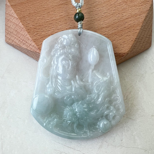 Jadeite Jade Guan Yin Kwan Yin Protected by Dragon Avalokitesvara Semi-Translucent Carved Pendant Necklace, YJ-0321-0429768 - AriaDesignCollection