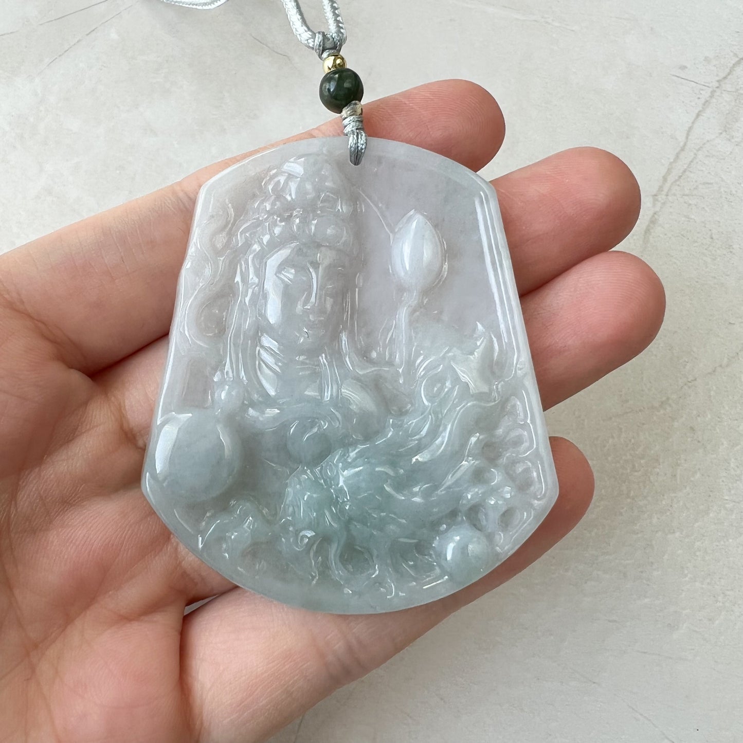 Jadeite Jade Guan Yin Kwan Yin Protected by Dragon Avalokitesvara Semi-Translucent Carved Pendant Necklace, YJ-0321-0429768 - AriaDesignCollection