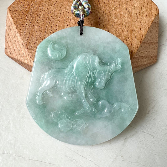 Ox Jadeite Jade Bull Cow Chinese Zodiac Carved Rustic Pendant Necklace, YJ-0321-0324765
