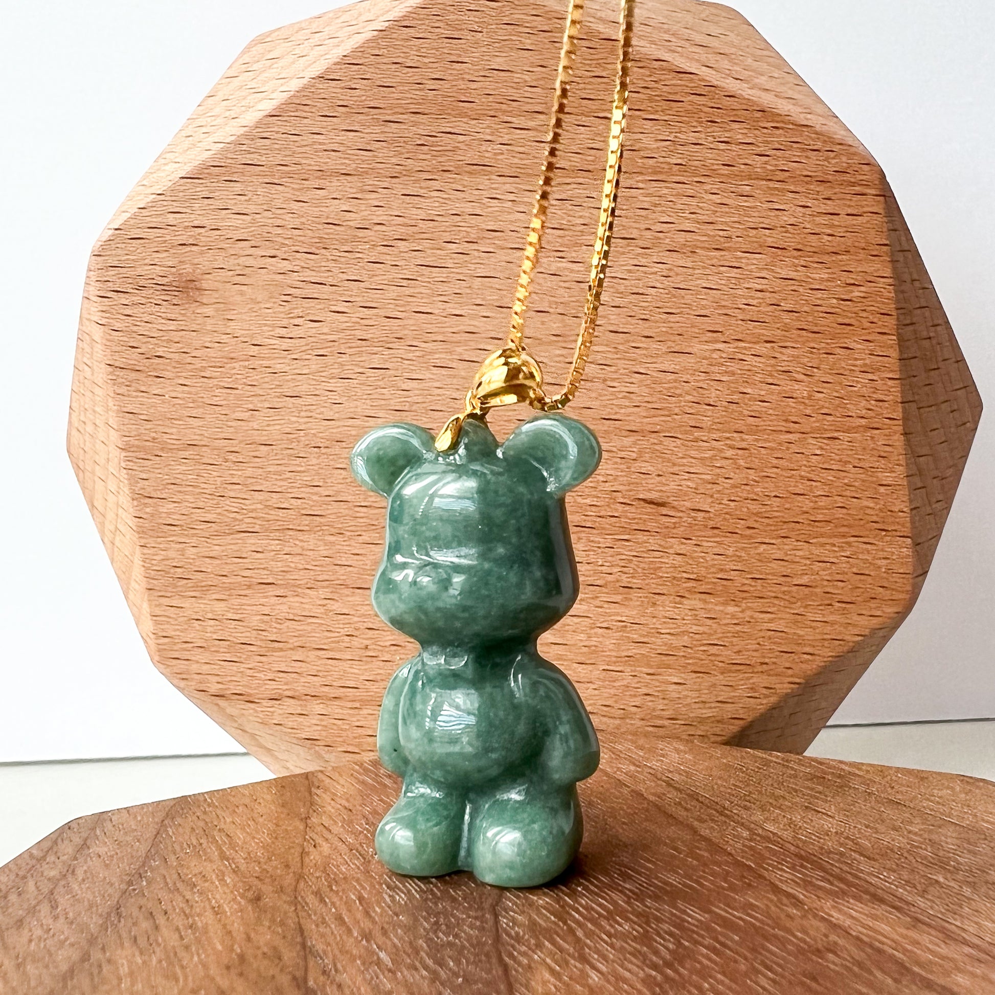 Green Jadeite Jade Teddy Bear, 18K Gold Bail, Hand Carved Pendant - AriaDesignCollection