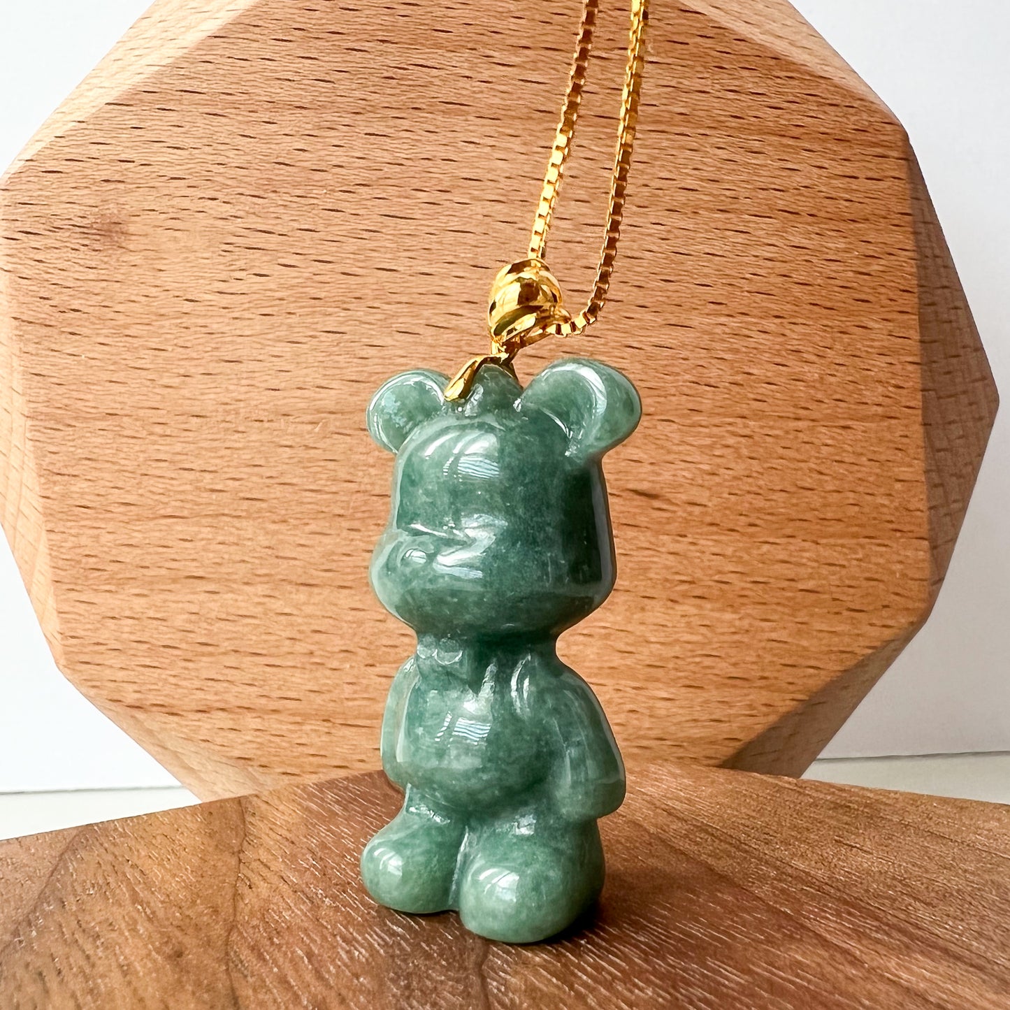 Green Jadeite Jade Teddy Bear, 18K Gold Bail, Hand Carved Pendant - AriaDesignCollection