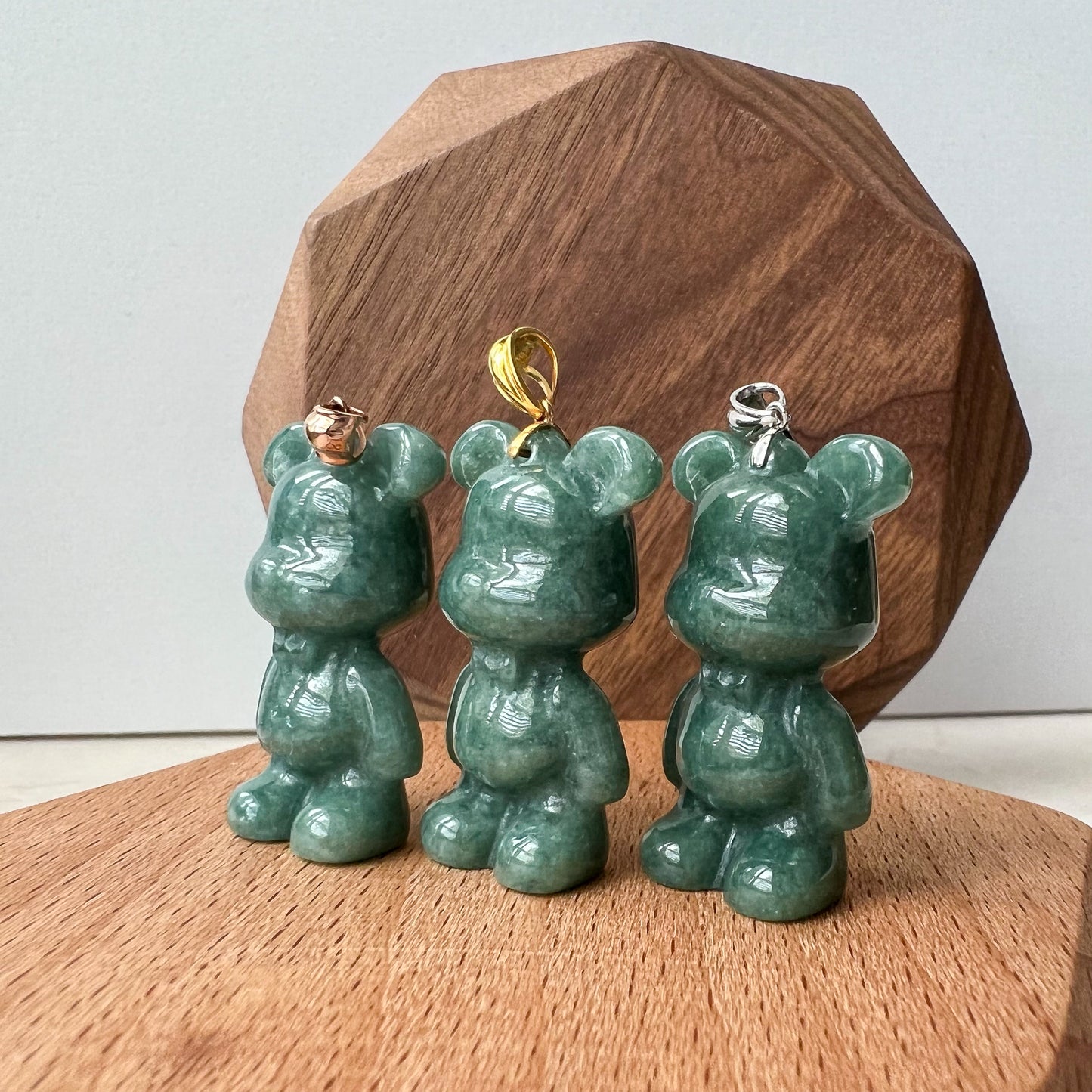 Green Jadeite Jade Teddy Bear, 18K Gold Bail, Hand Carved Pendant - AriaDesignCollection