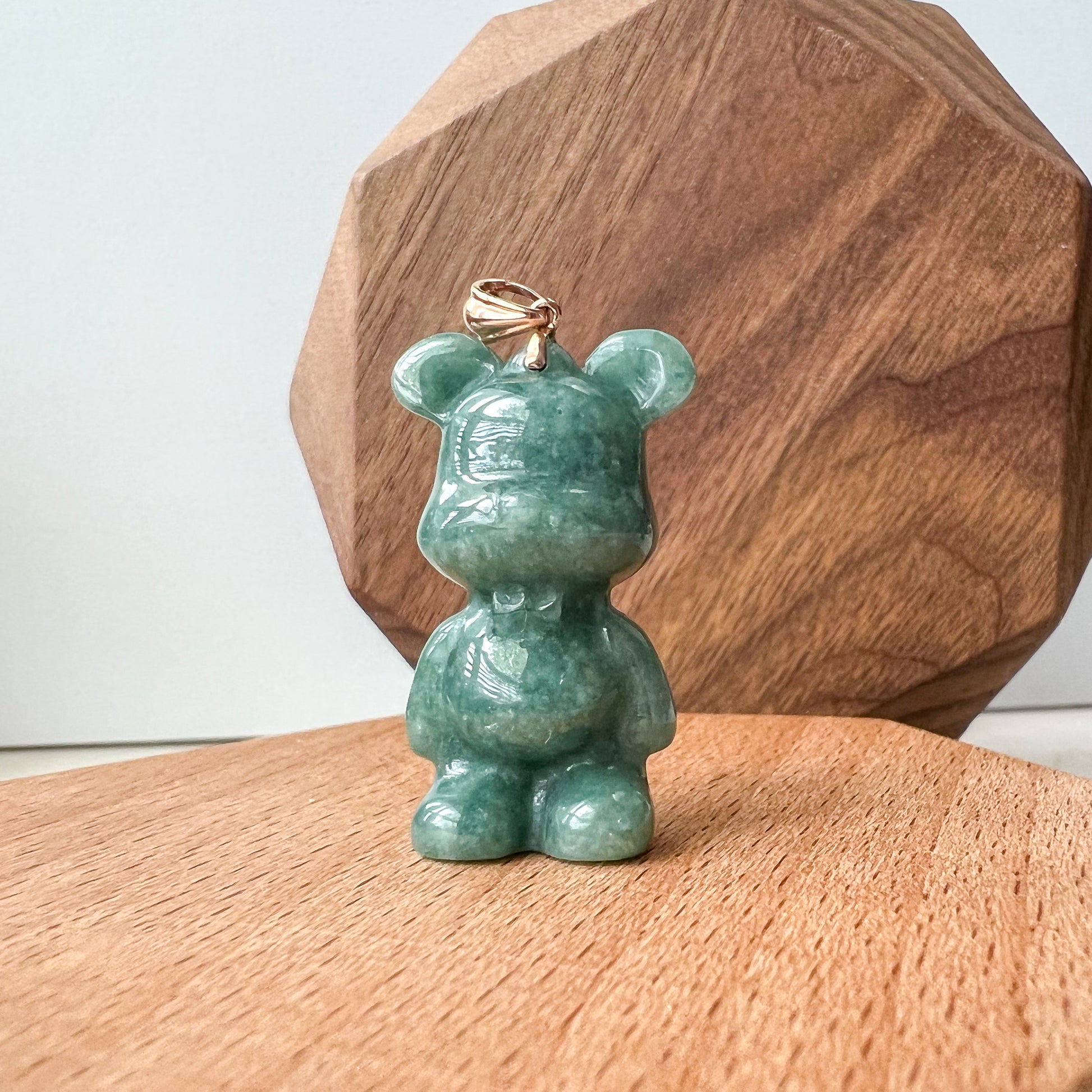 Green Jadeite Jade Teddy Bear, 18K Gold Bail, Hand Carved Pendant - AriaDesignCollection