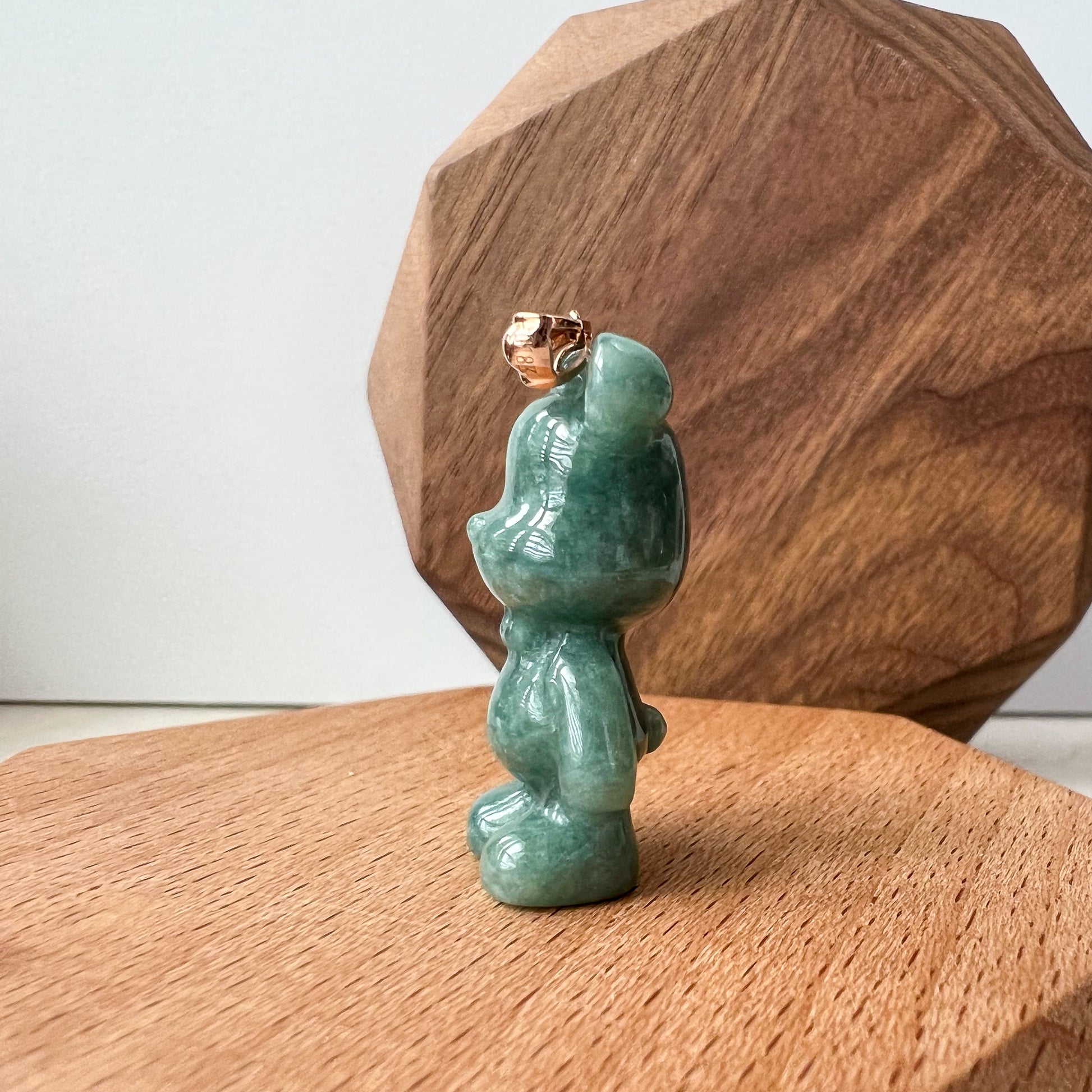 Green Jadeite Jade Teddy Bear, 18K Gold Bail, Hand Carved Pendant - AriaDesignCollection