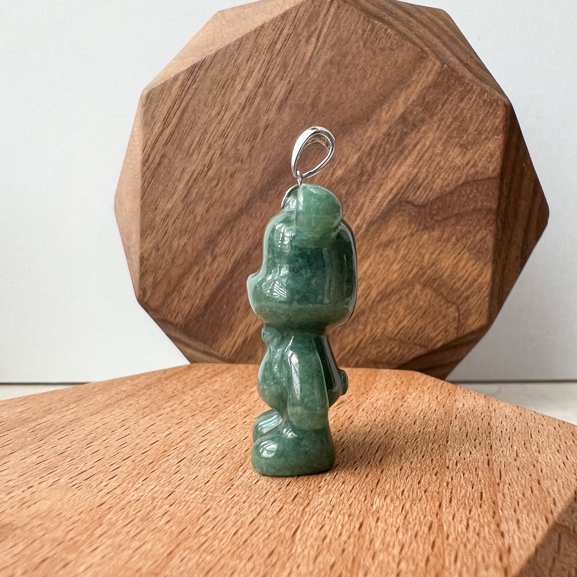 Green Jadeite Jade Teddy Bear, 18K Gold Bail, Hand Carved Pendant - AriaDesignCollection