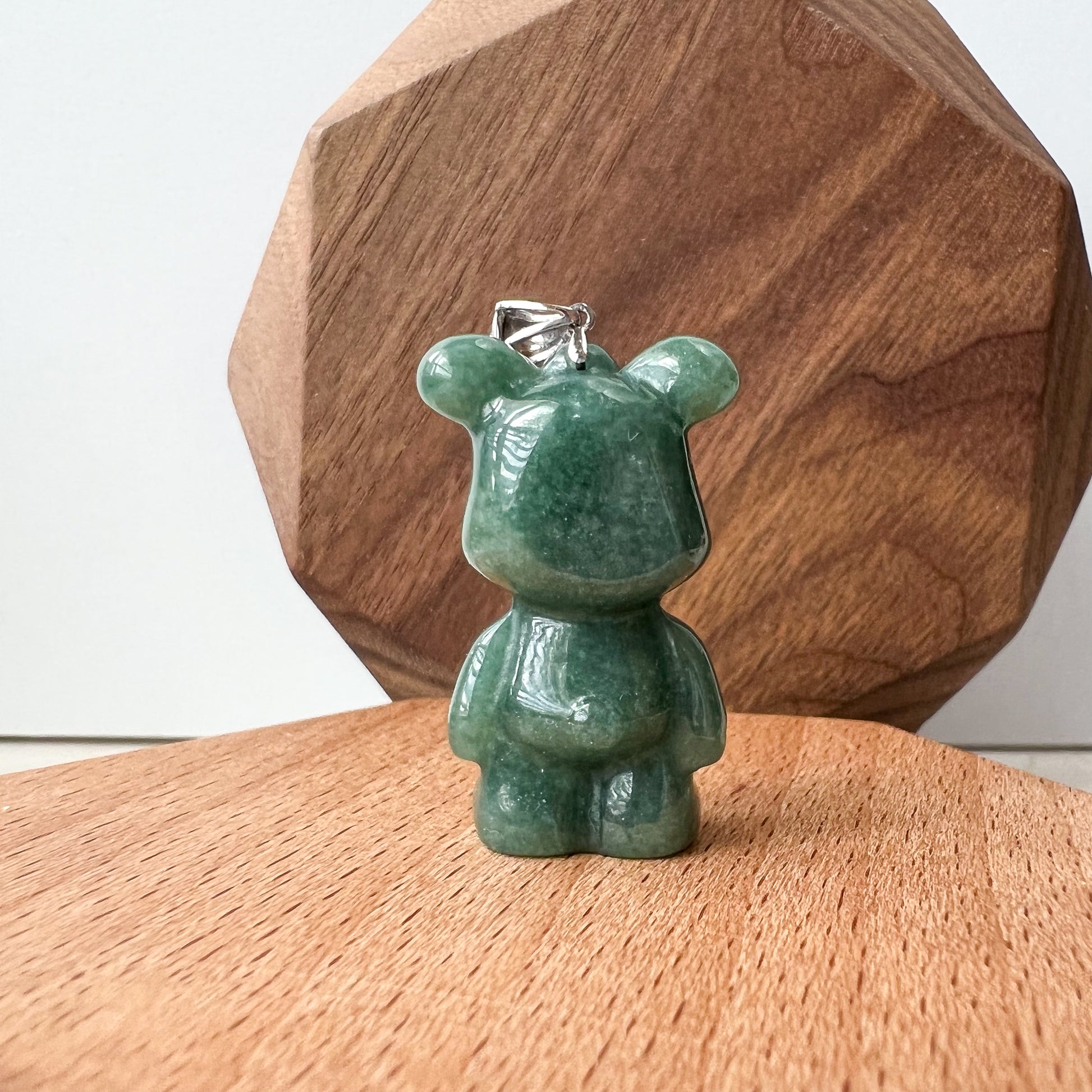 Green Jadeite Jade Teddy Bear, 18K Gold Bail, Hand Carved Pendant - AriaDesignCollection