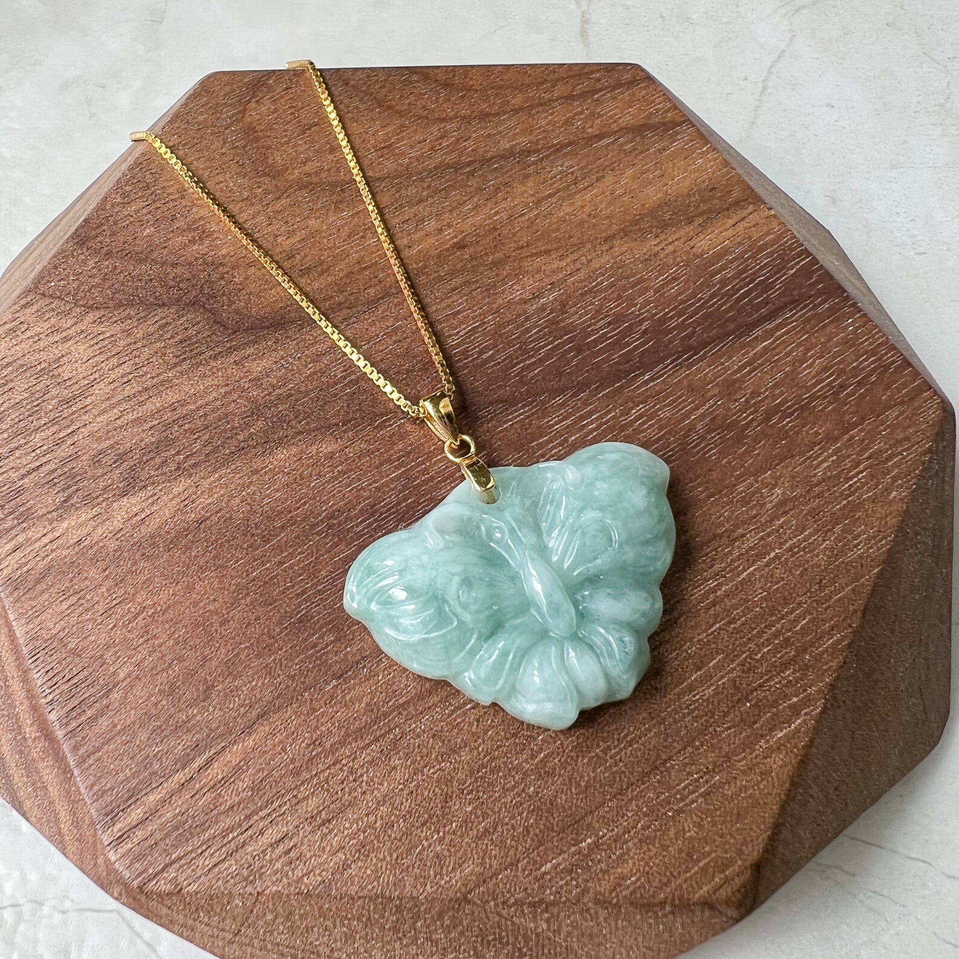 Green Jadeite Jade Butterfly Hand Carved Pendant with gold plated sterling silver bail and chain, XY-0622-0002708 - AriaDesignCollection