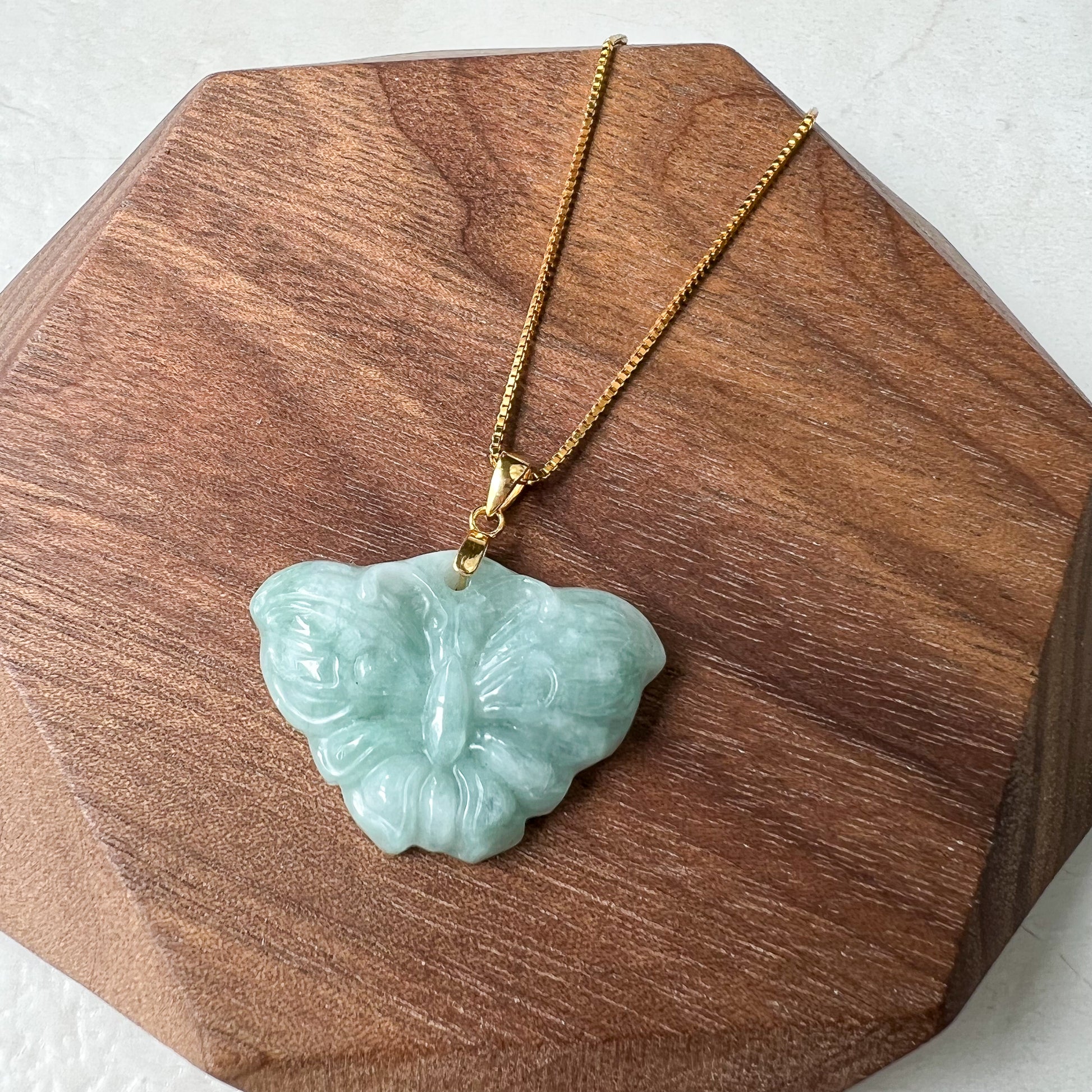 Green Jadeite Jade Butterfly Hand Carved Pendant with gold plated sterling silver bail and chain, XY-0622-0002708 - AriaDesignCollection