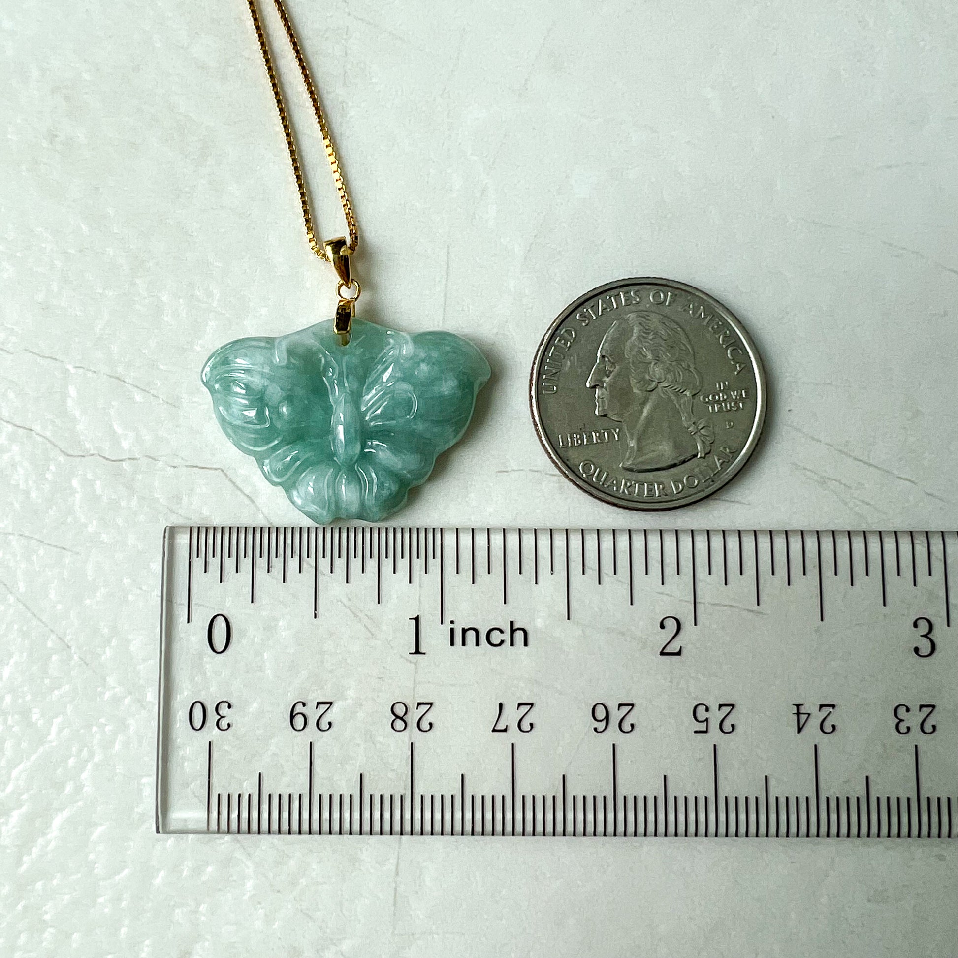 Green Jadeite Jade Butterfly Hand Carved Pendant with gold plated sterling silver bail and chain, XY-0622-0002708 - AriaDesignCollection