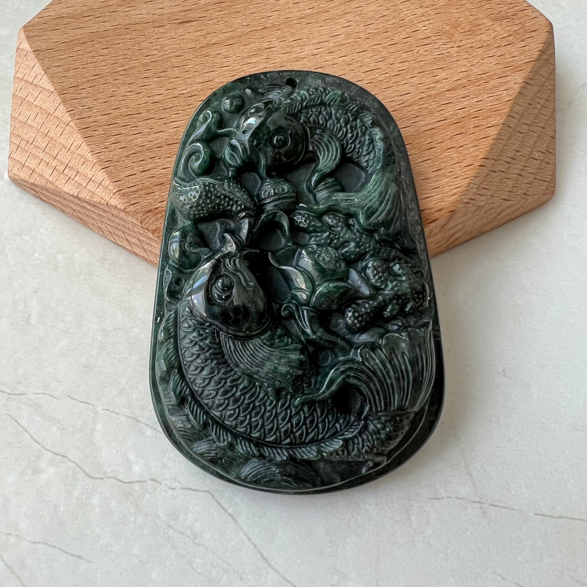 Black Jadeite Jade Twin Fish, Omphacite Jade, Pisces Zodiac Horoscope Necklace, Hand Carved Pendant Necklace, LGG-0322-1667010045-2 - AriaDesignCollection