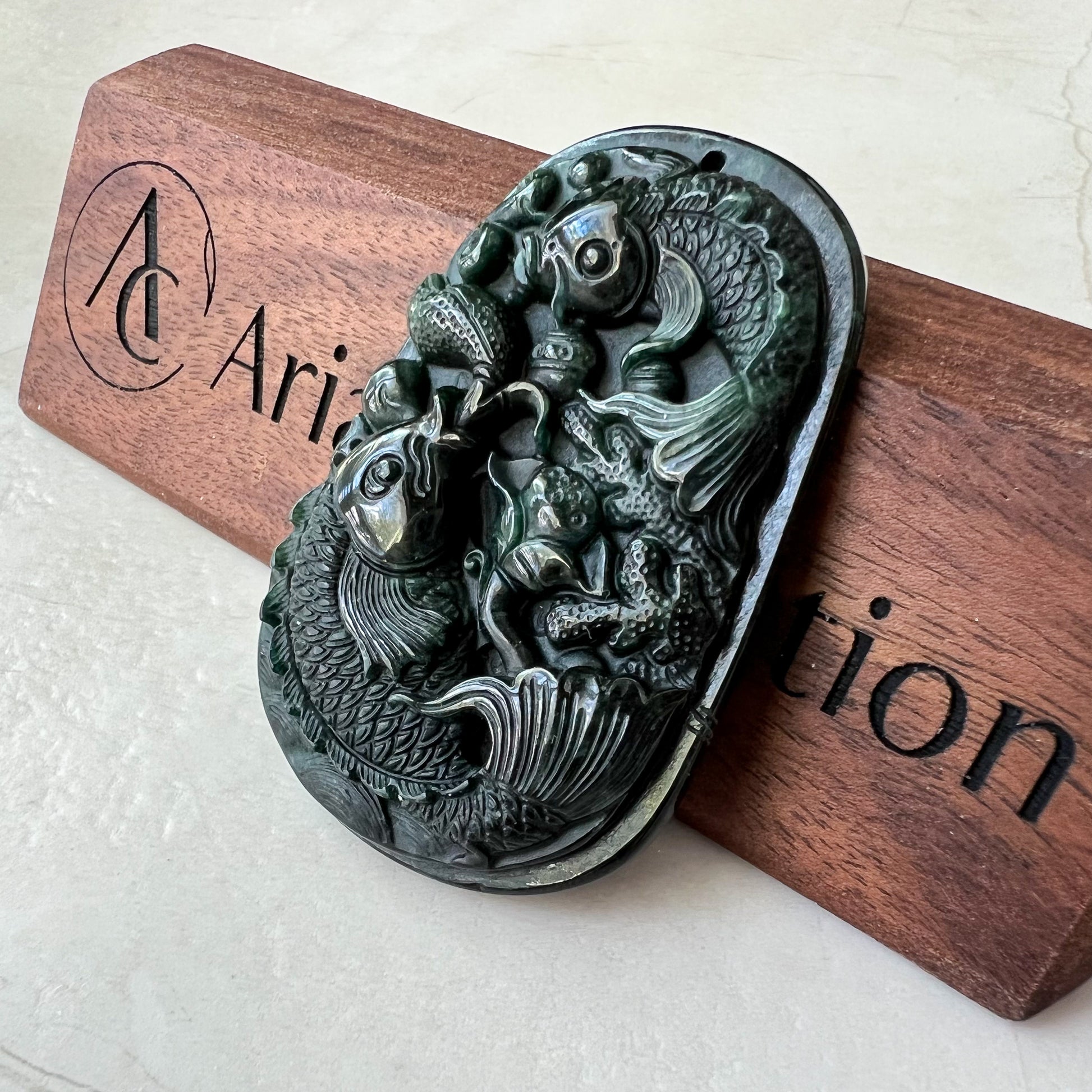 Black Jadeite Jade Twin Fish, Omphacite Jade, Pisces Zodiac Horoscope Necklace, Hand Carved Pendant Necklace, LGG-0322-1667010045-2 - AriaDesignCollection