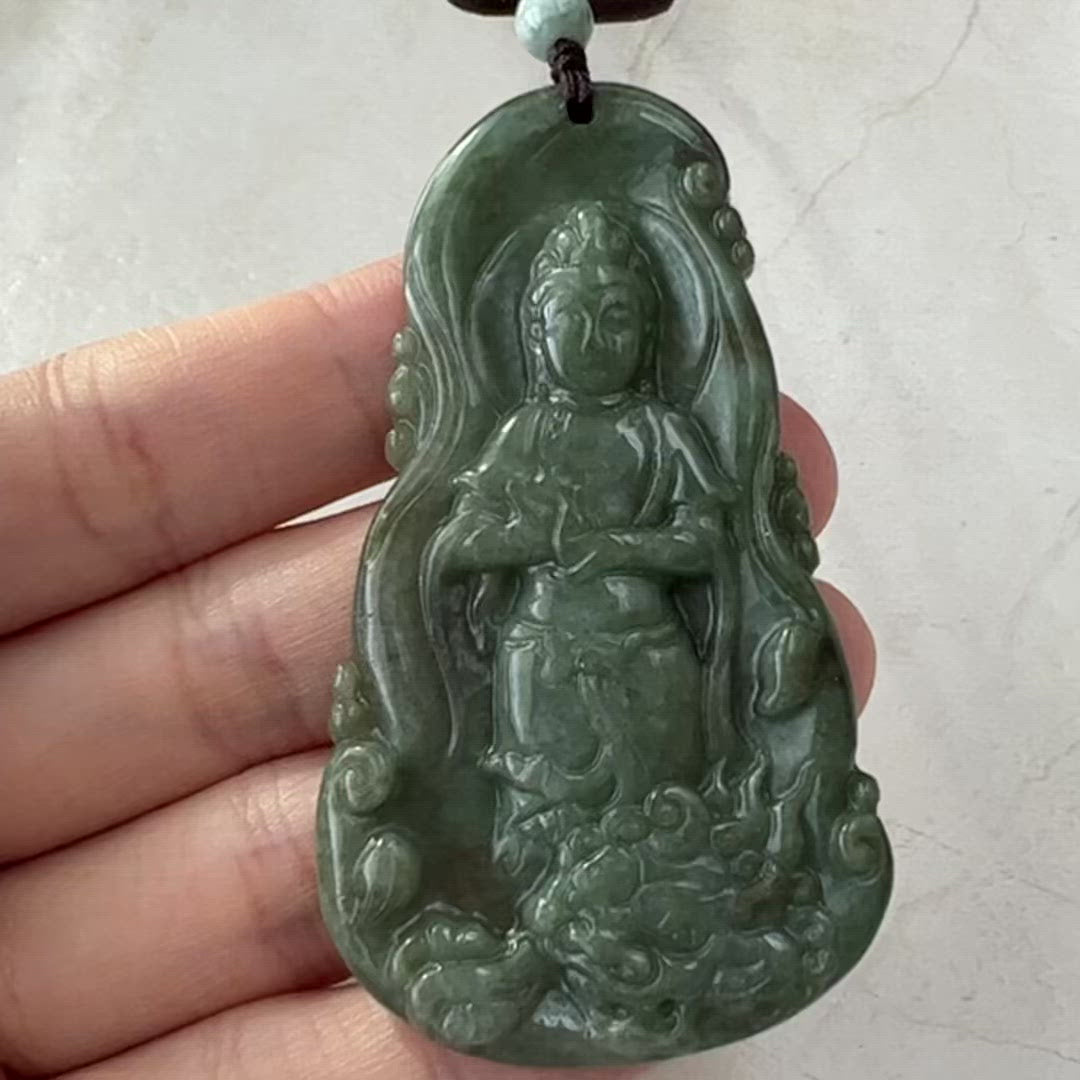 Jadeite Jade Guan Yin Avalokiteshvara and Dragon Carved Pendant Necklace