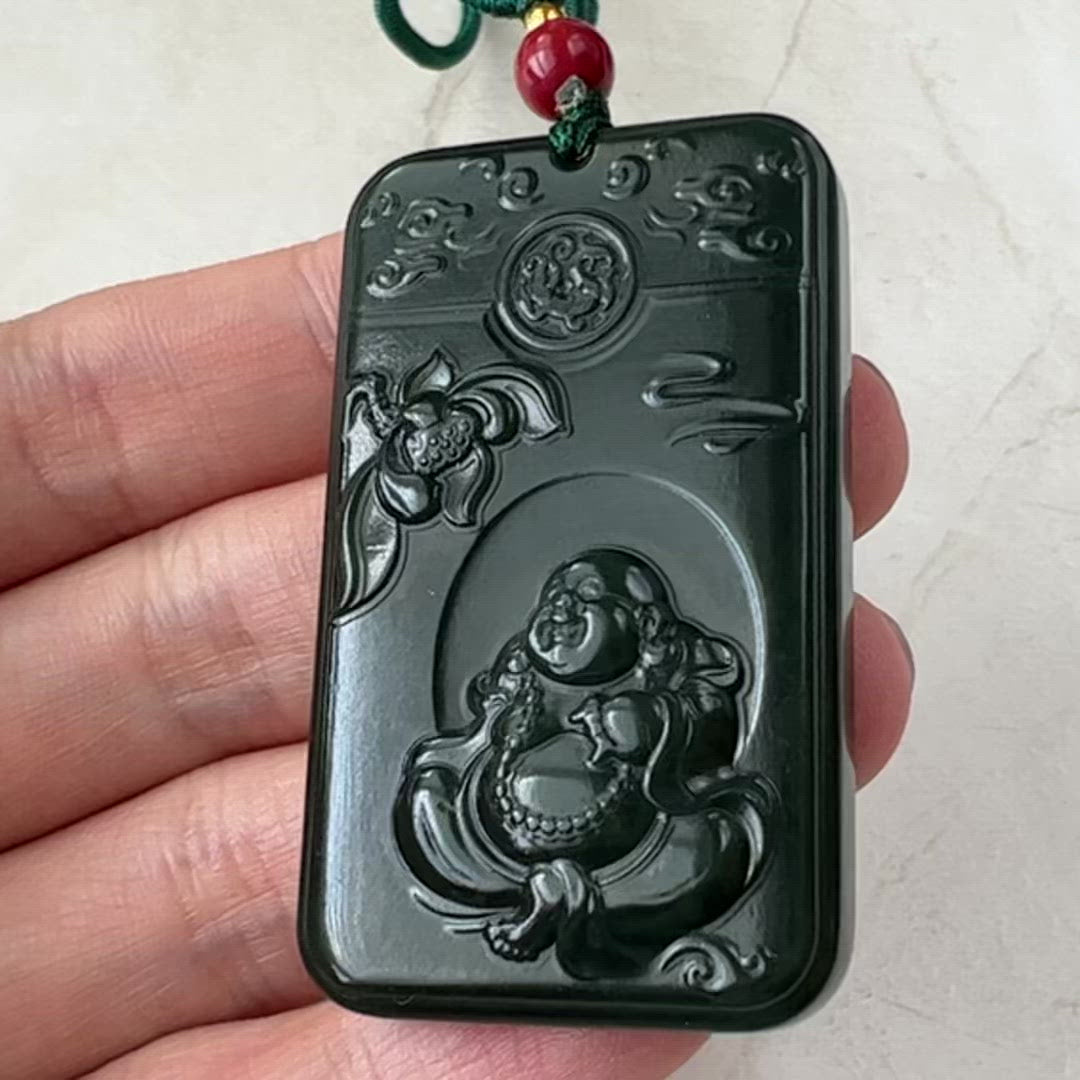 Dark Green Black Nephrite Jade Happy Laughing Buddha Necklace