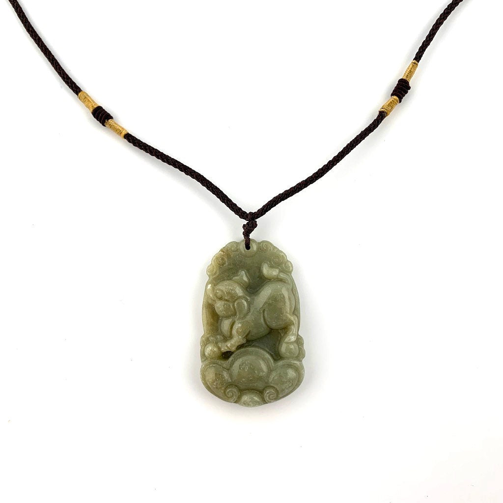 Jadeite Jade Pig Boar Chinese Zodiac Carved Rustic Pendant Necklace, YW-0321-1647033672 - AriaDesignCollection