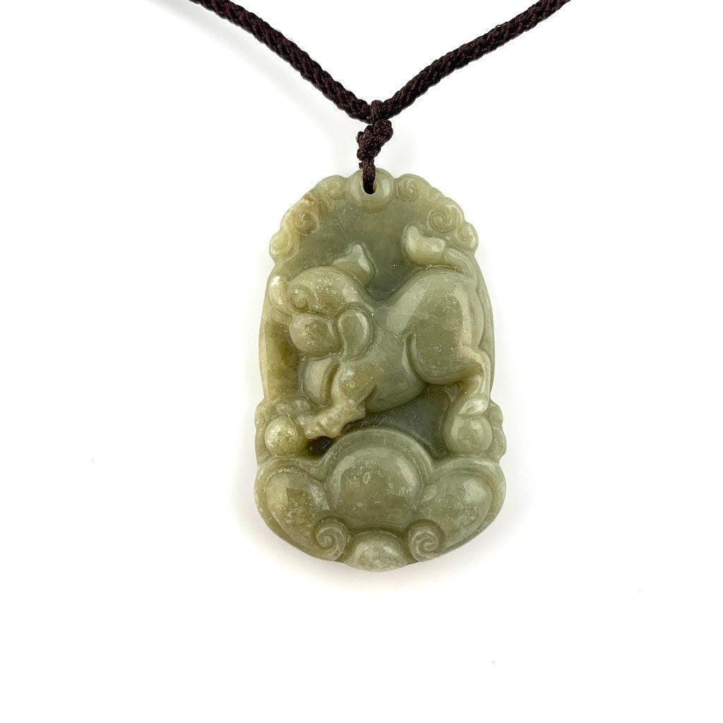 Jadeite Jade Pig Boar Chinese Zodiac Carved Rustic Pendant Necklace, YW-0321-1647033672 - AriaDesignCollection