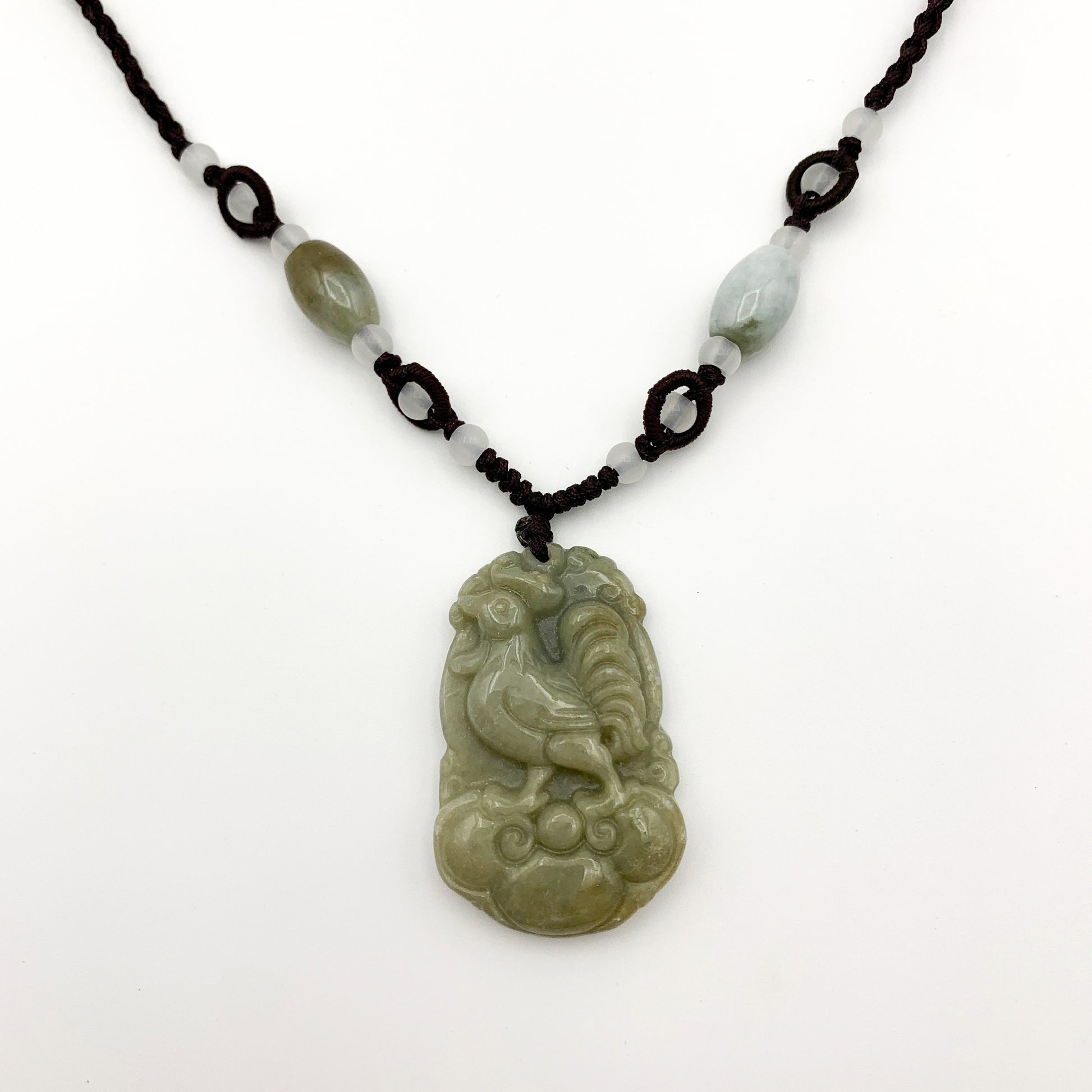 Jadeite Jade Rooster Chicken Chinese Zodiac Carved Rustic Pendant Necklace, YW-0110-1646195054 - AriaDesignCollection
