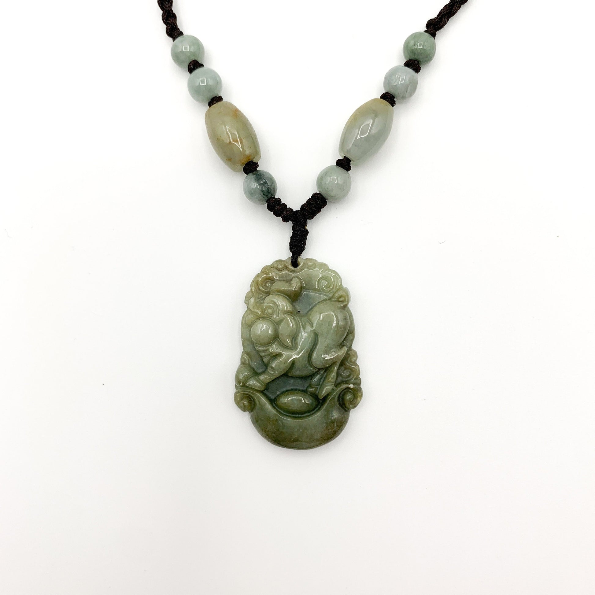 Jadeite Jade Pig Boar Chinese Zodiac Carved Rustic Pendant Necklace, YW-0110-1645917423 - AriaDesignCollection