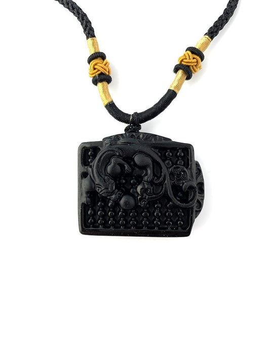 Black Obsidian Pixiu Pi Xiu, 貔貅，Chinese Zodiac Carved Necklace, YW-0110-1646197386 - AriaDesignCollection