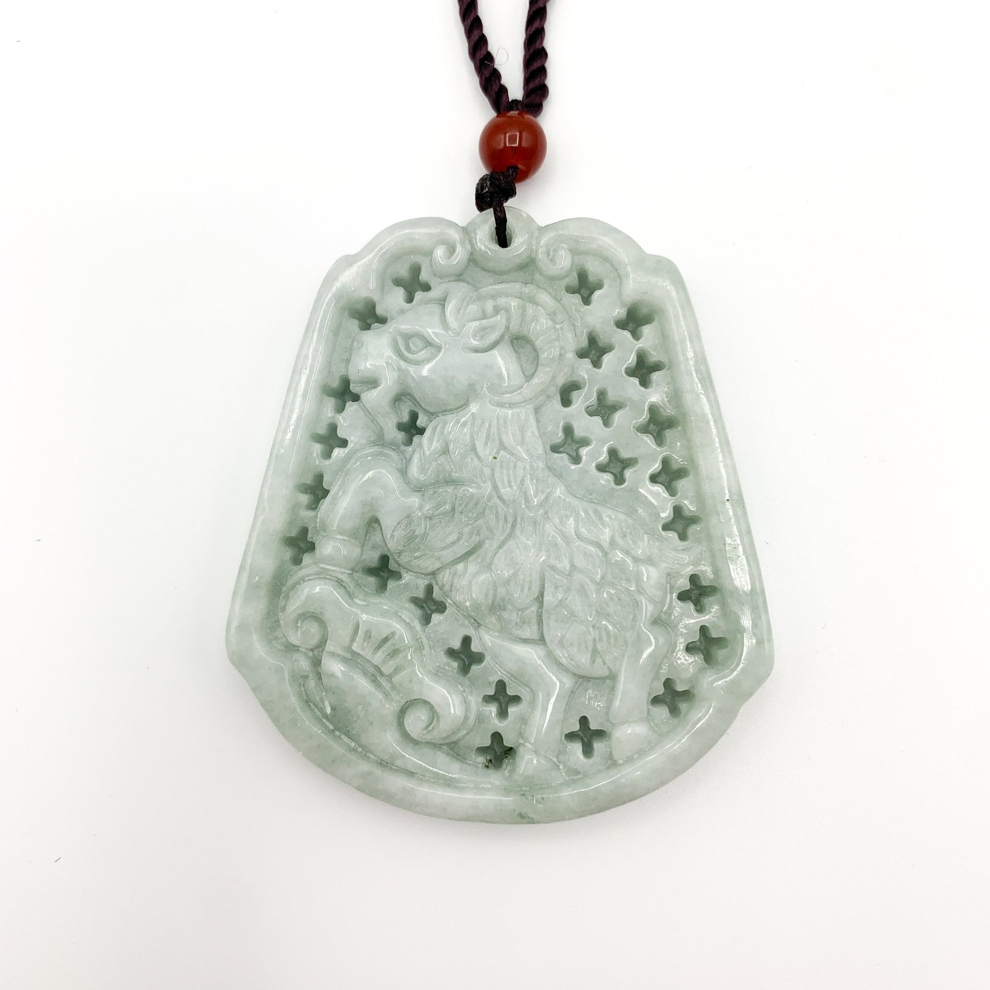Large Jadeite Jade Sheep Goat Ram Chinese Zodiac Carved Pendant Necklace, YJ-0321-0344474 - AriaDesignCollection