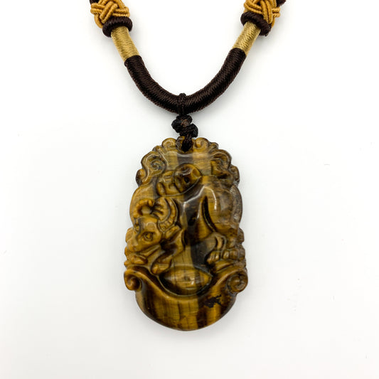 Tiger Eye Ox Bull Cow Chinese Zodiac Carved Rustic Pendant Necklace, YW-0110-1647012783 - AriaDesignCollection