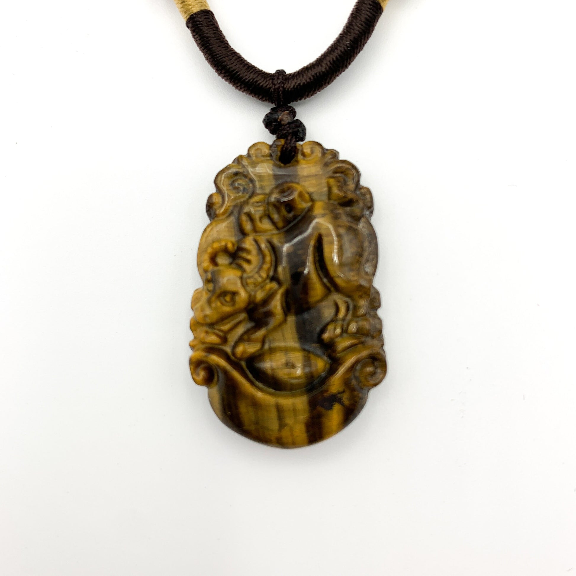 Tiger Eye Ox Bull Cow Chinese Zodiac Carved Rustic Pendant Necklace, YW-0110-1647012783 - AriaDesignCollection