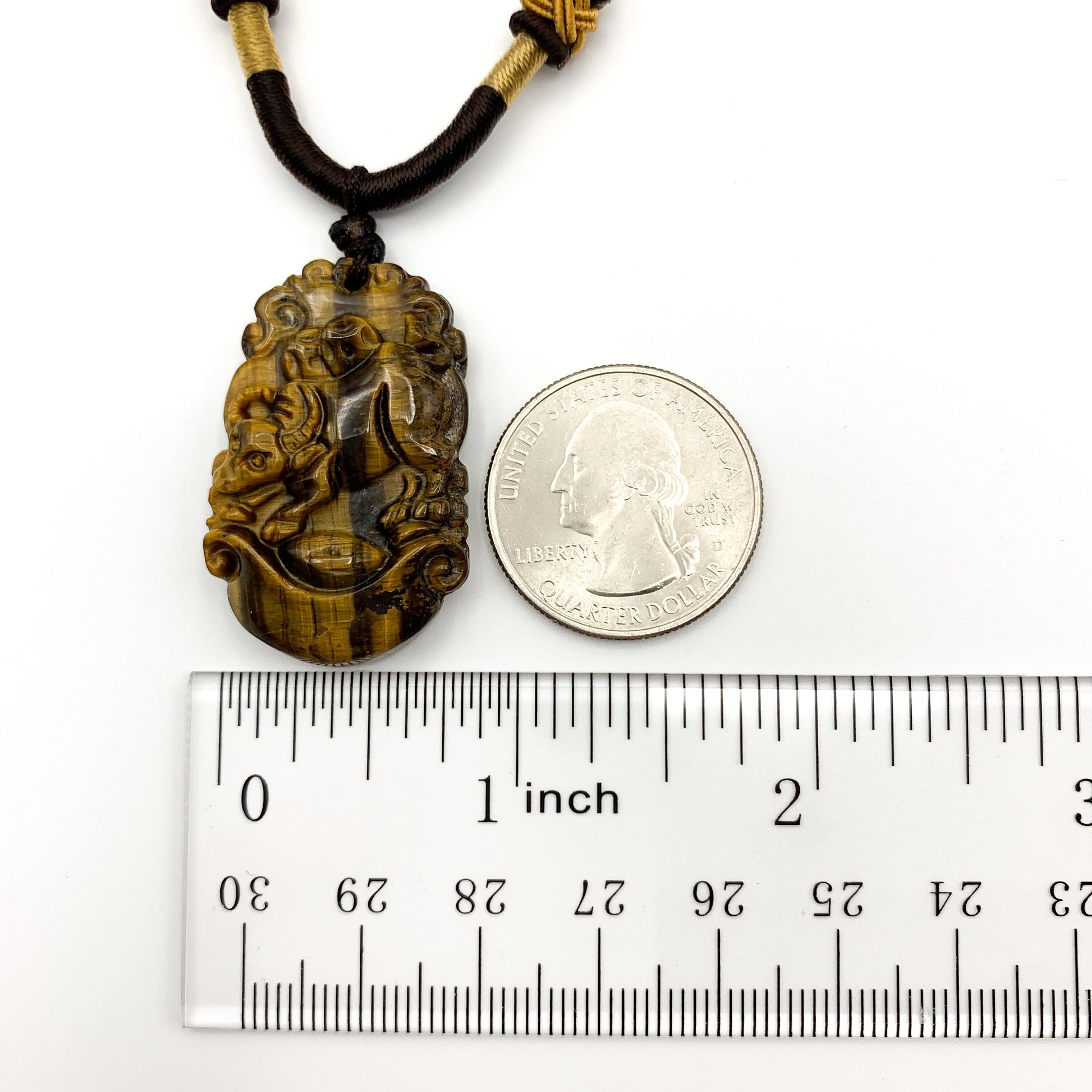 Tiger Eye Ox Bull Cow Chinese Zodiac Carved Rustic Pendant Necklace, YW-0110-1647012783 - AriaDesignCollection