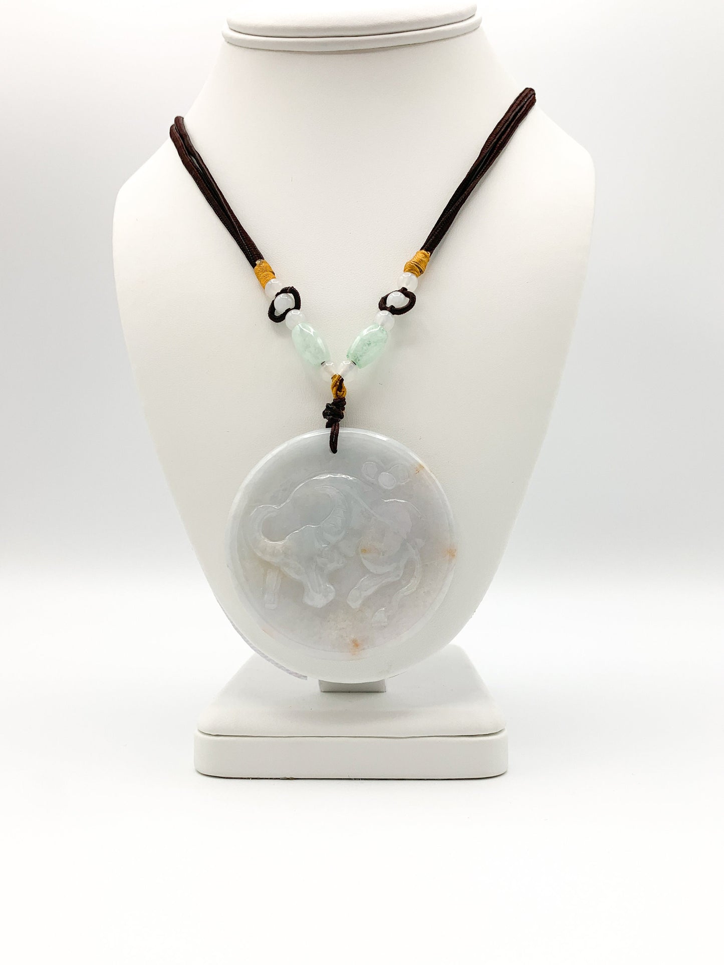 Large Ox Jadeite Jade Bull Cow Chinese Zodiac Carved Rustic Pendant Necklace, YJ-0321-0339704 - AriaDesignCollection