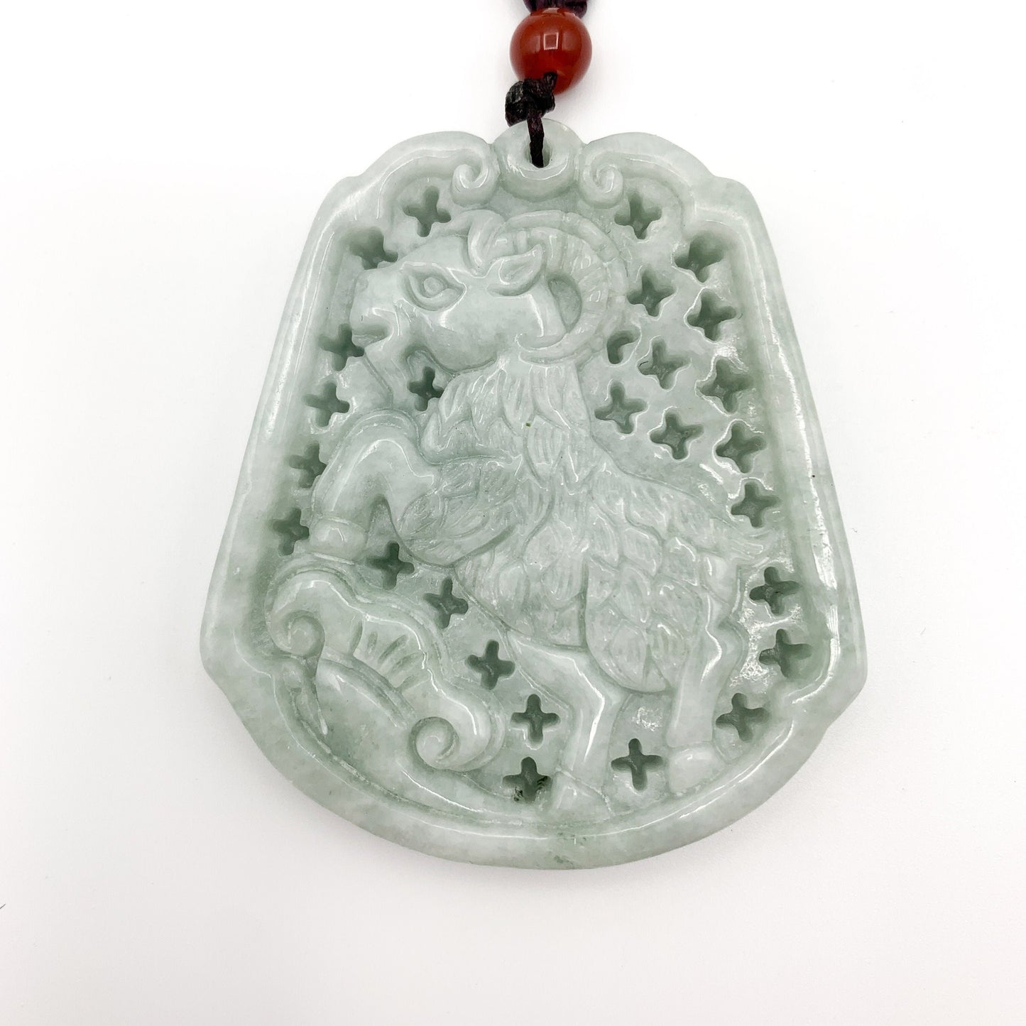Large Jadeite Jade Sheep Goat Ram Chinese Zodiac Carved Pendant Necklace, YJ-0321-0344474 - AriaDesignCollection