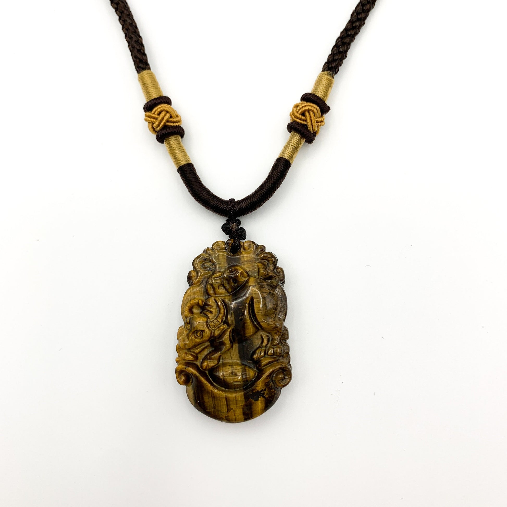 Tiger Eye Ox Bull Cow Chinese Zodiac Carved Rustic Pendant Necklace, YW-0110-1647012783 - AriaDesignCollection