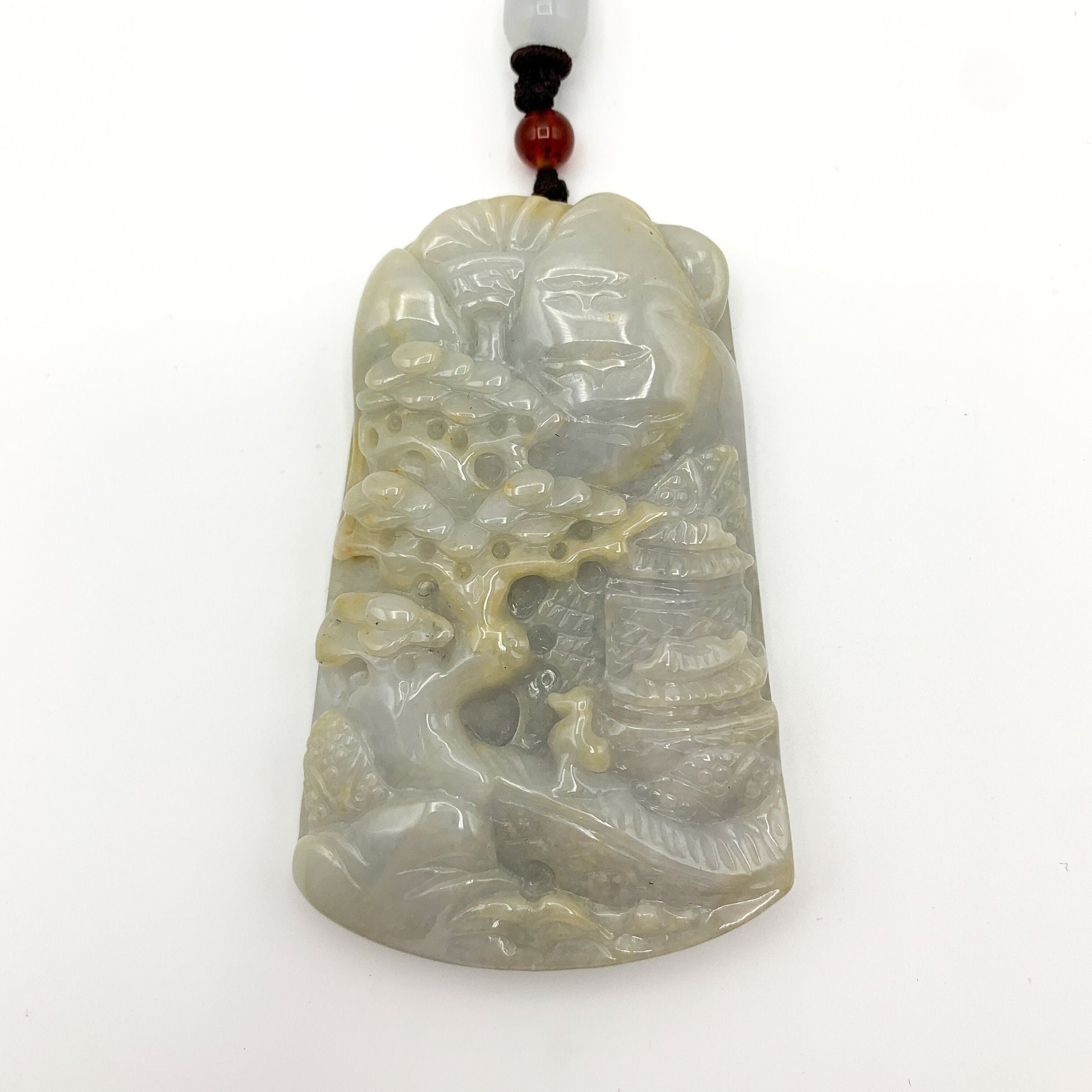 Jade Tree Pendant, Jadeite Jade, Mountain Forest River Scenery, Hand Carved Pendant Necklace, YJ-0321-0359711 - AriaDesignCollection