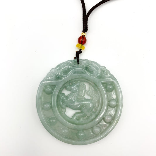 Jadeite Jade Spinning Horse Chinese Zodiac Carved Pendant Necklace, YJ-0321-0360765 - AriaDesignCollection