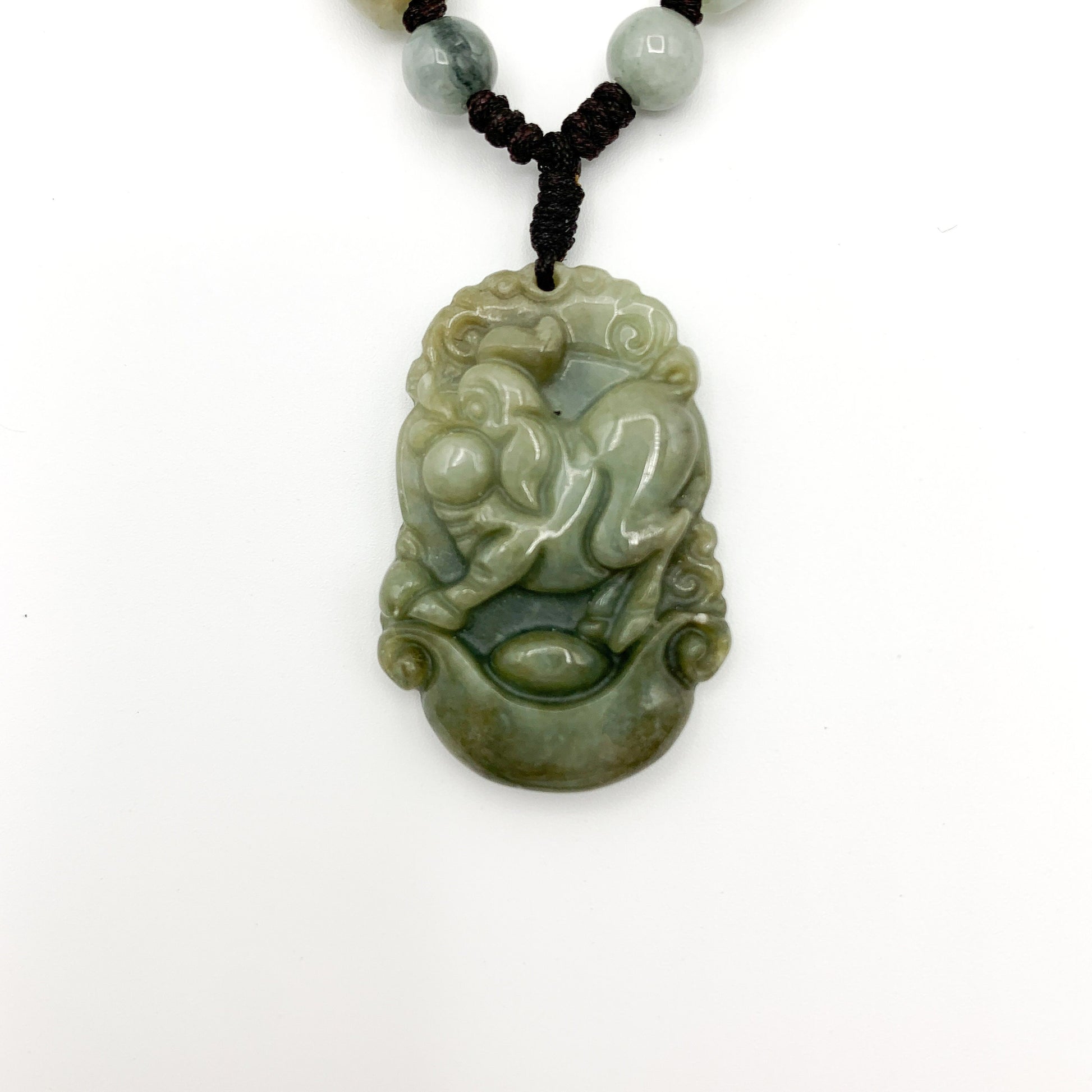 Jadeite Jade Pig Boar Chinese Zodiac Carved Rustic Pendant Necklace, YW-0110-1645917423 - AriaDesignCollection