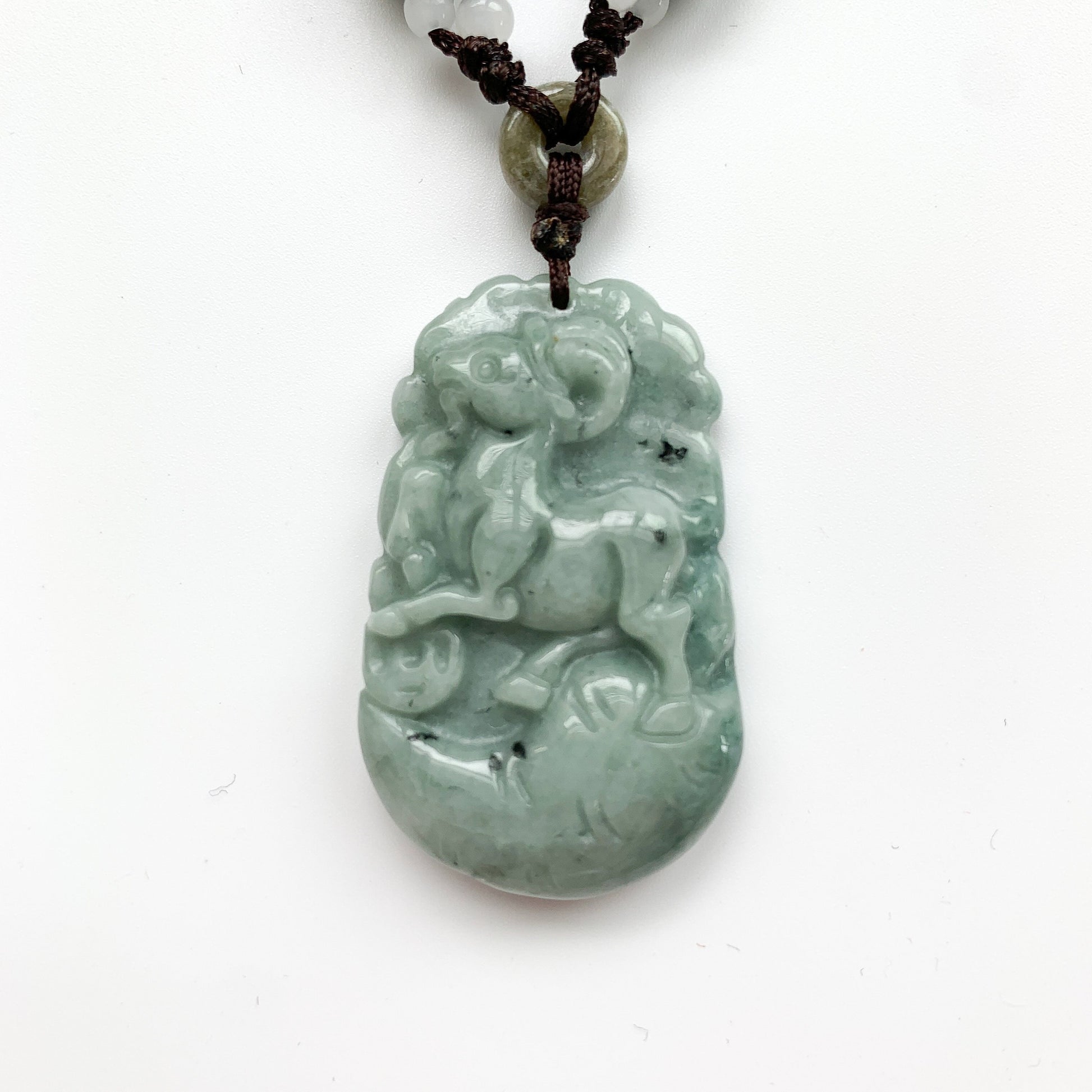 Jadeite Jade Sheep Goat Ram Chinese Zodiac Carved Rustic Pendant Necklace, YW-0110-1646271236 - AriaDesignCollection
