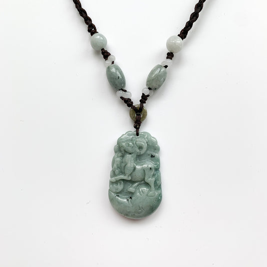Jadeite Jade Sheep Goat Ram Chinese Zodiac Carved Rustic Pendant Necklace, YW-0110-1646271236 - AriaDesignCollection