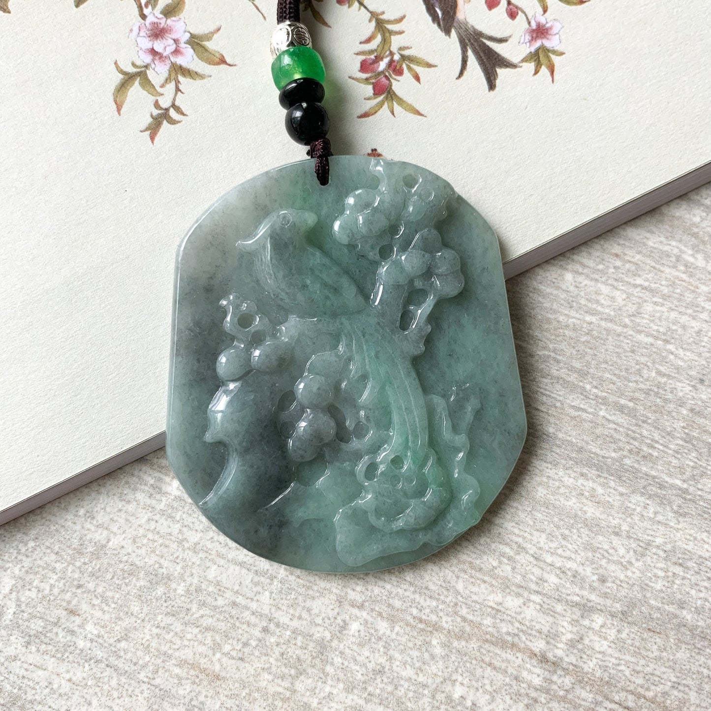 Jadeite Jade Magpie Bird Plum Flower Carved Pendant, Black Green Jade Necklace, YJ-0321-0420068 - AriaDesignCollection