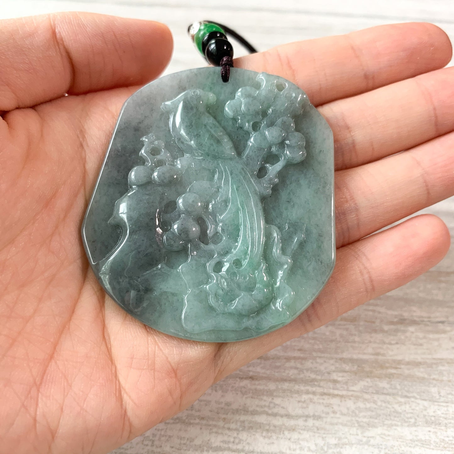 Jadeite Jade Magpie Bird Plum Flower Carved Pendant, Black Green Jade Necklace, YJ-0321-0420068 - AriaDesignCollection