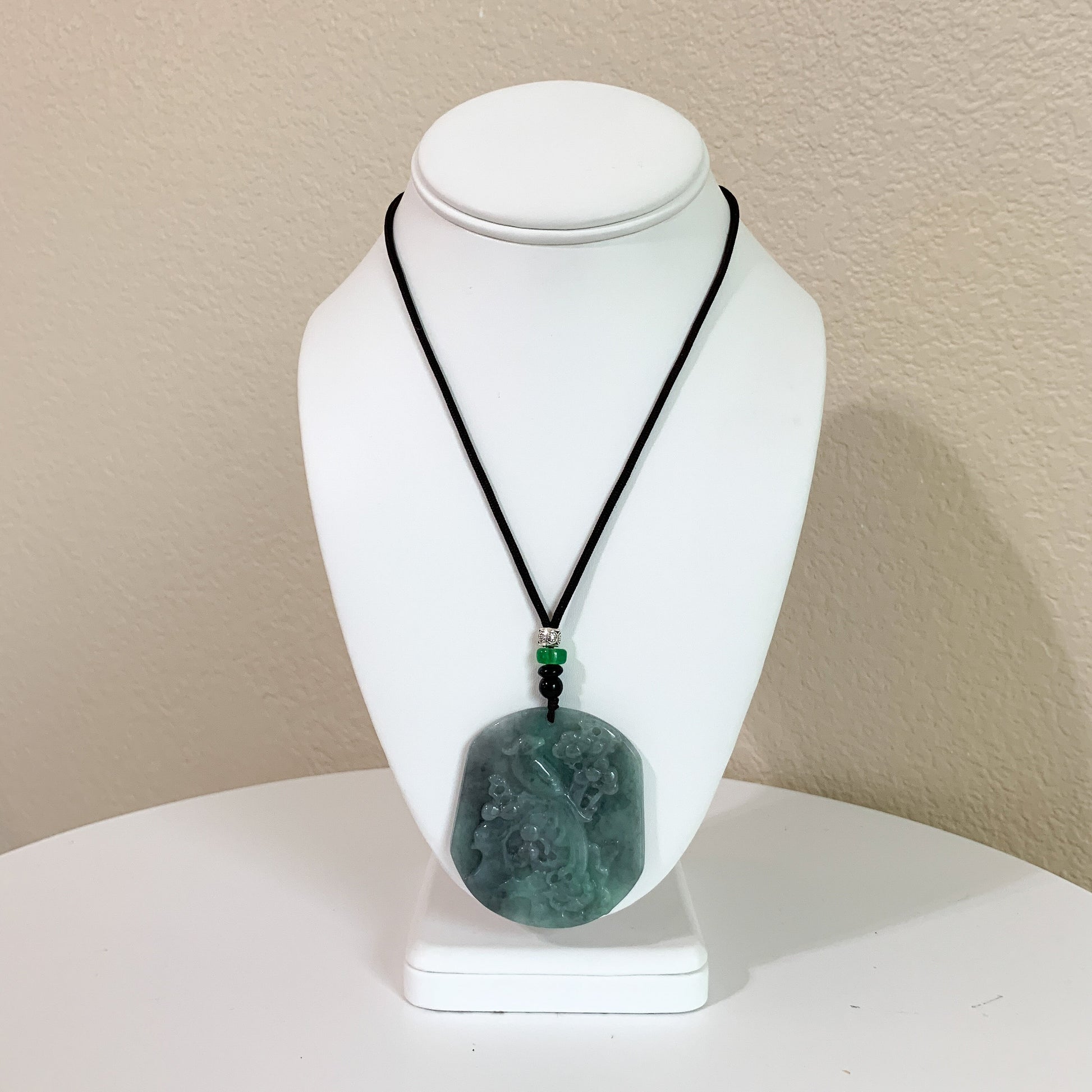 Jadeite Jade Magpie Bird Plum Flower Carved Pendant, Black Green Jade Necklace, YJ-0321-0420068 - AriaDesignCollection