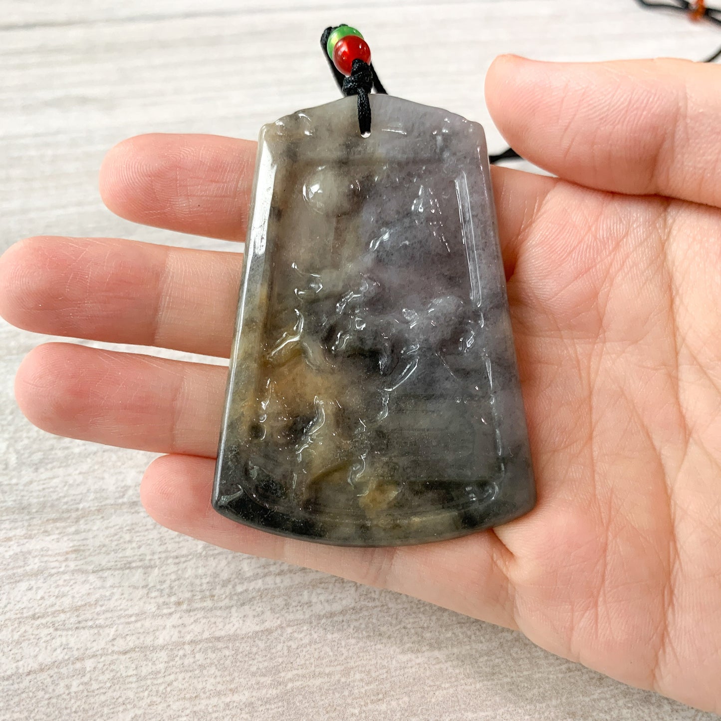 Black Jadeite Jade Abstract Landscape Mountain Forest River Scenery Hand Carved Pendant Necklace, YJ-0321-0439937 - AriaDesignCollection