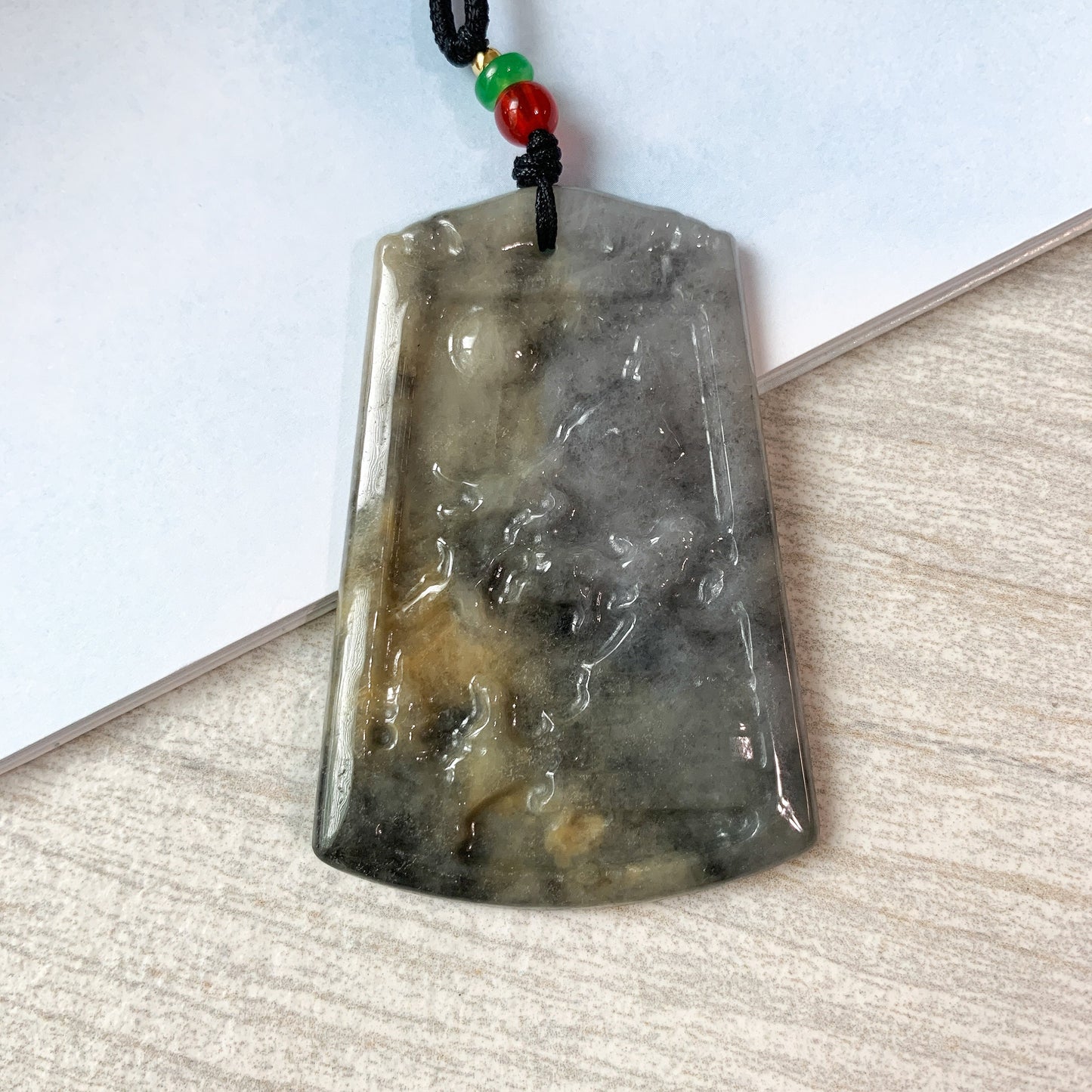 Black Jadeite Jade Abstract Landscape Mountain Forest River Scenery Hand Carved Pendant Necklace, YJ-0321-0439937 - AriaDesignCollection