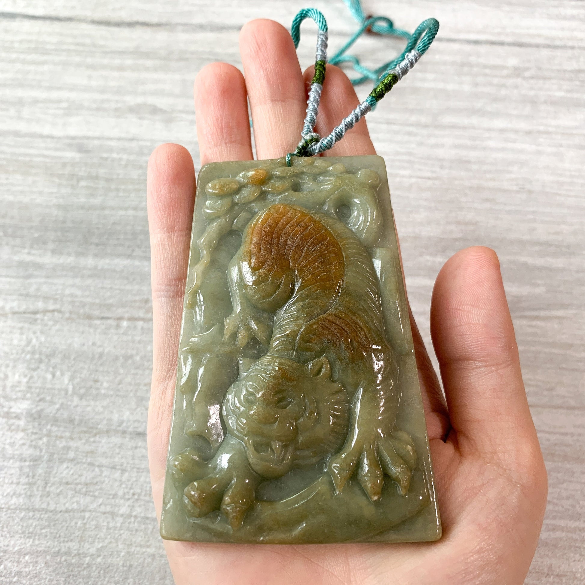 Very Large Jadeite Jade Tiger Chinese Zodiac Carved Pendant Necklace, YJ-0921-0440120 - AriaDesignCollection