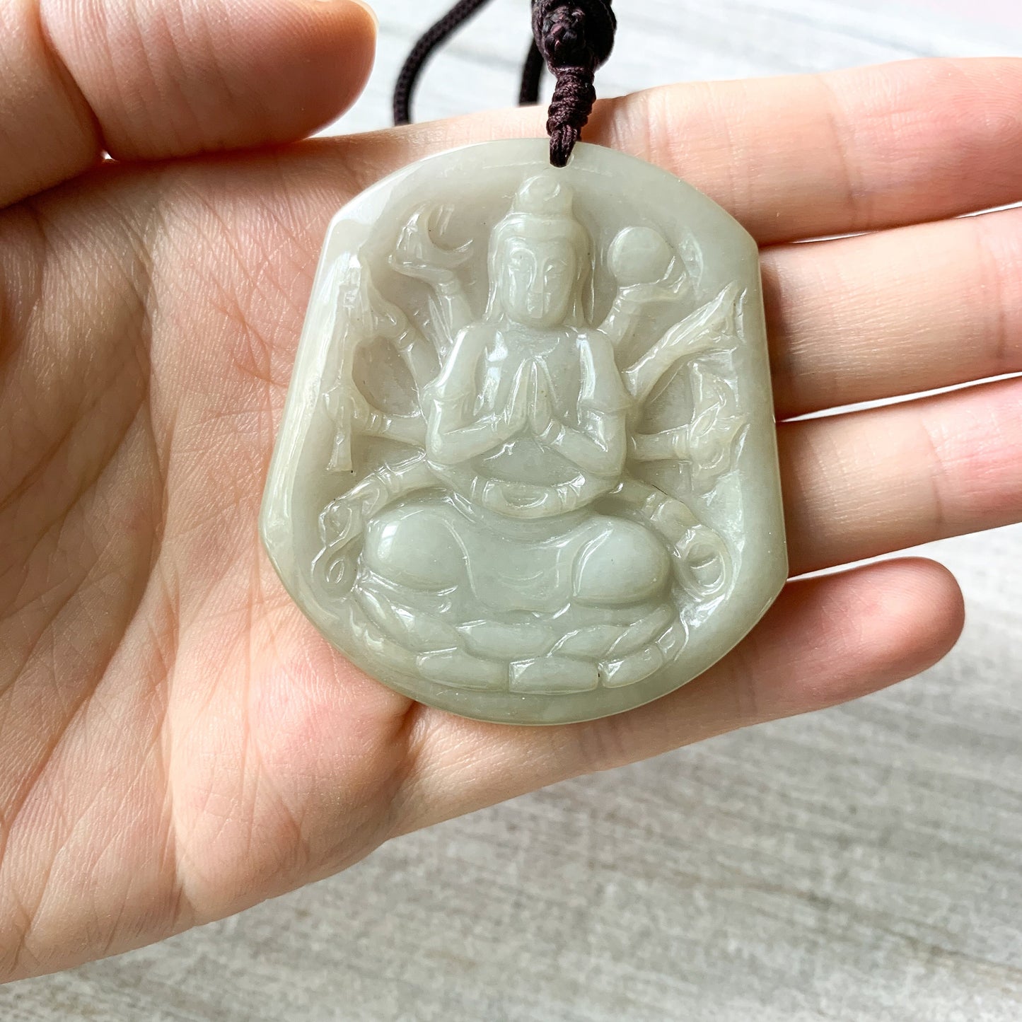 Jadeite Jade Guan Yin Avalokiteshvara Thousand Hands, Quan Am, Carved Pendant Necklace, YJ-0321-0377510 - AriaDesignCollection
