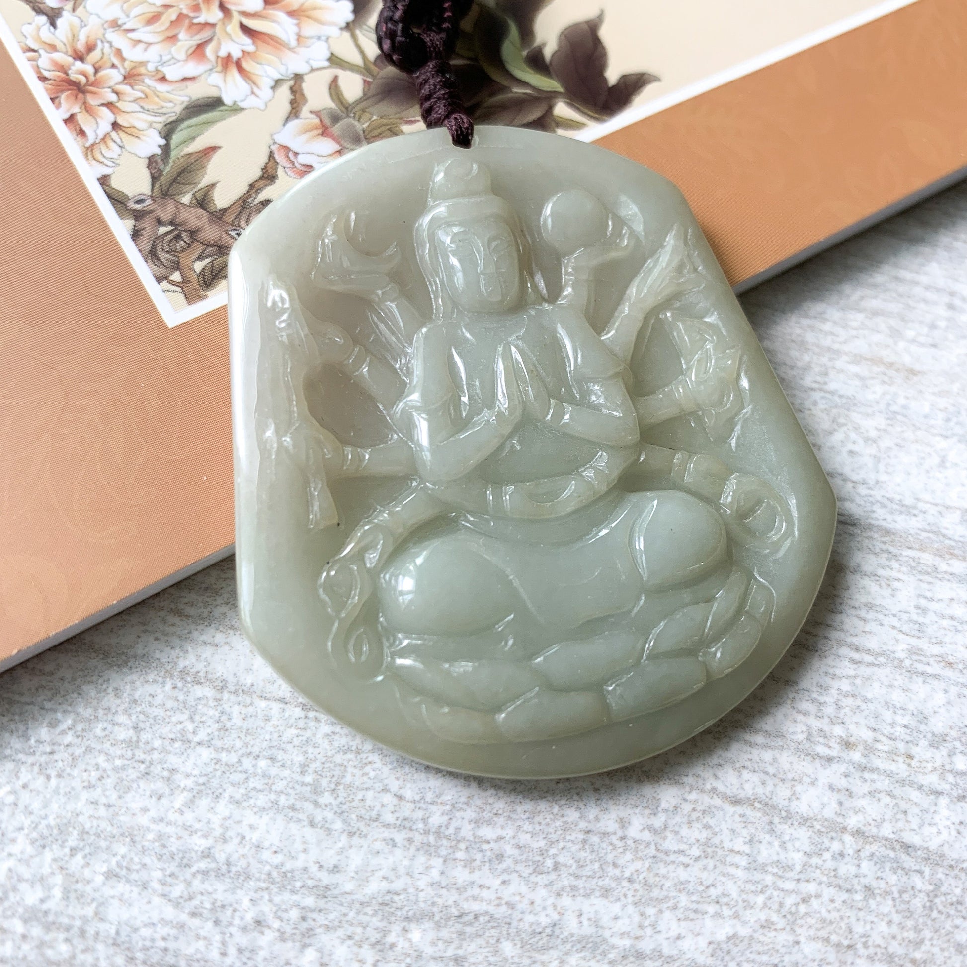 Jadeite Jade Guan Yin Avalokiteshvara Thousand Hands, Quan Am, Carved Pendant Necklace, YJ-0321-0377510 - AriaDesignCollection