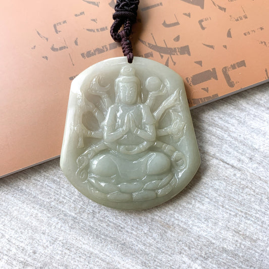 Jadeite Jade Guan Yin Avalokiteshvara Thousand Hands, Quan Am, Carved Pendant Necklace, YJ-0321-0377510 - AriaDesignCollection