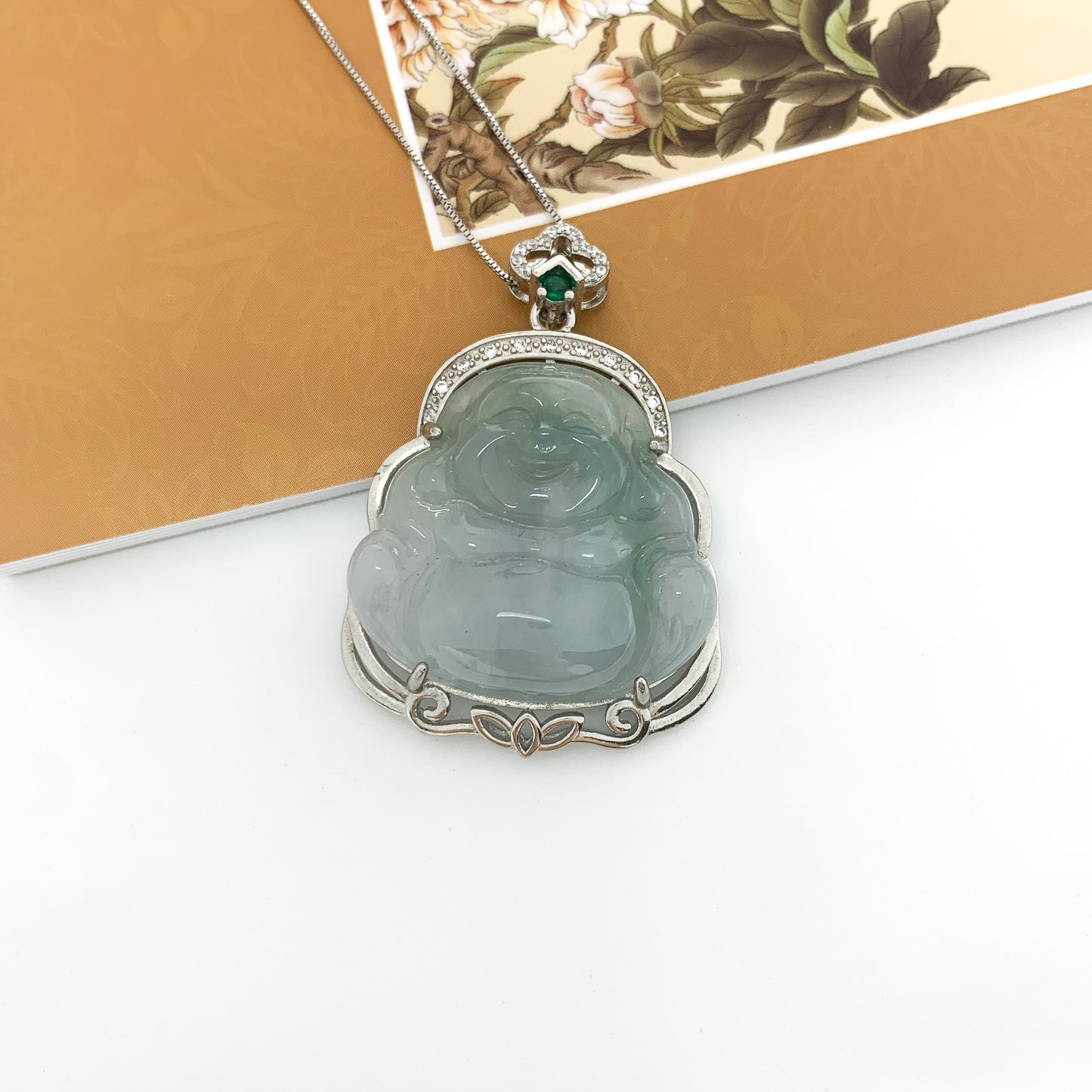 Jadeite Jade Buddha Carved Pendant Sterling Silver Necklace, BJ-0621-1646666730 - AriaDesignCollection