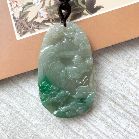 Jadeite Jade Landscape Mountain Forest River Scenery Hand Carved Pendant Necklace, YJ-0321-0387980 - AriaDesignCollection