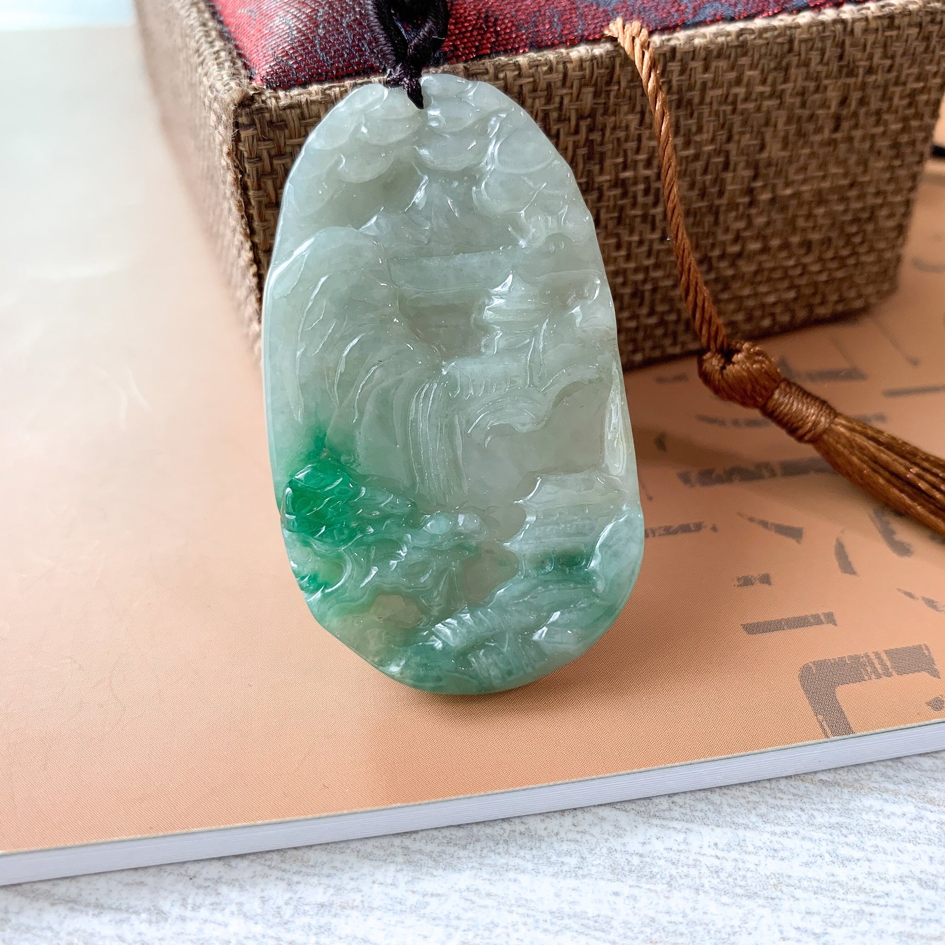 Jadeite Jade Landscape Mountain Forest River Scenery Hand Carved Pendant Necklace, YJ-0321-0387980 - AriaDesignCollection