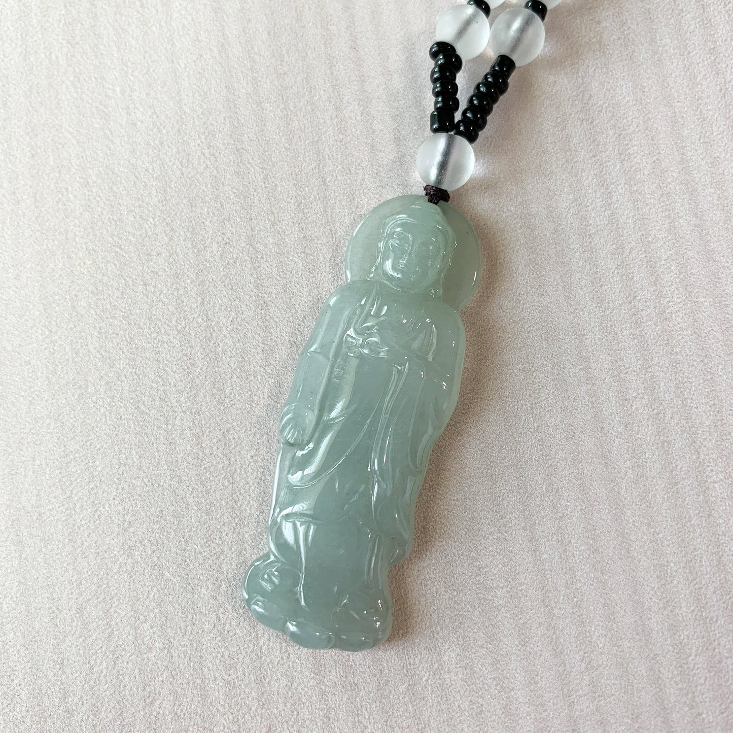 Jadeite Jade Standing Guan Yin Avalokiteshvara, Quan Am, Carved Pendant Necklace, YJ-0621-0389201 - AriaDesignCollection