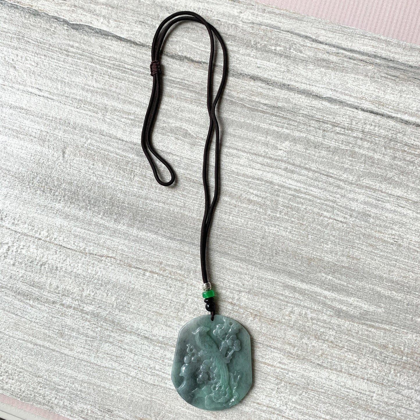 Jadeite Jade Magpie Bird Plum Flower Carved Pendant, Black Green Jade Necklace, YJ-0321-0420068 - AriaDesignCollection