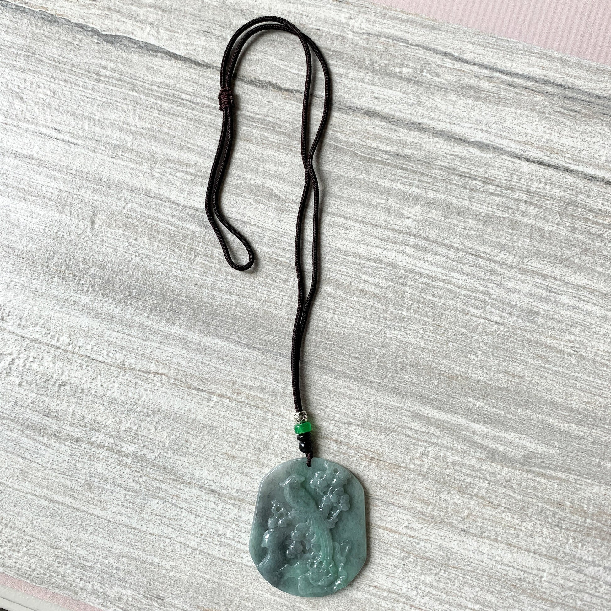 Jadeite Jade Magpie Bird Plum Flower Carved Pendant, Black Green Jade Necklace, YJ-0321-0420068 - AriaDesignCollection