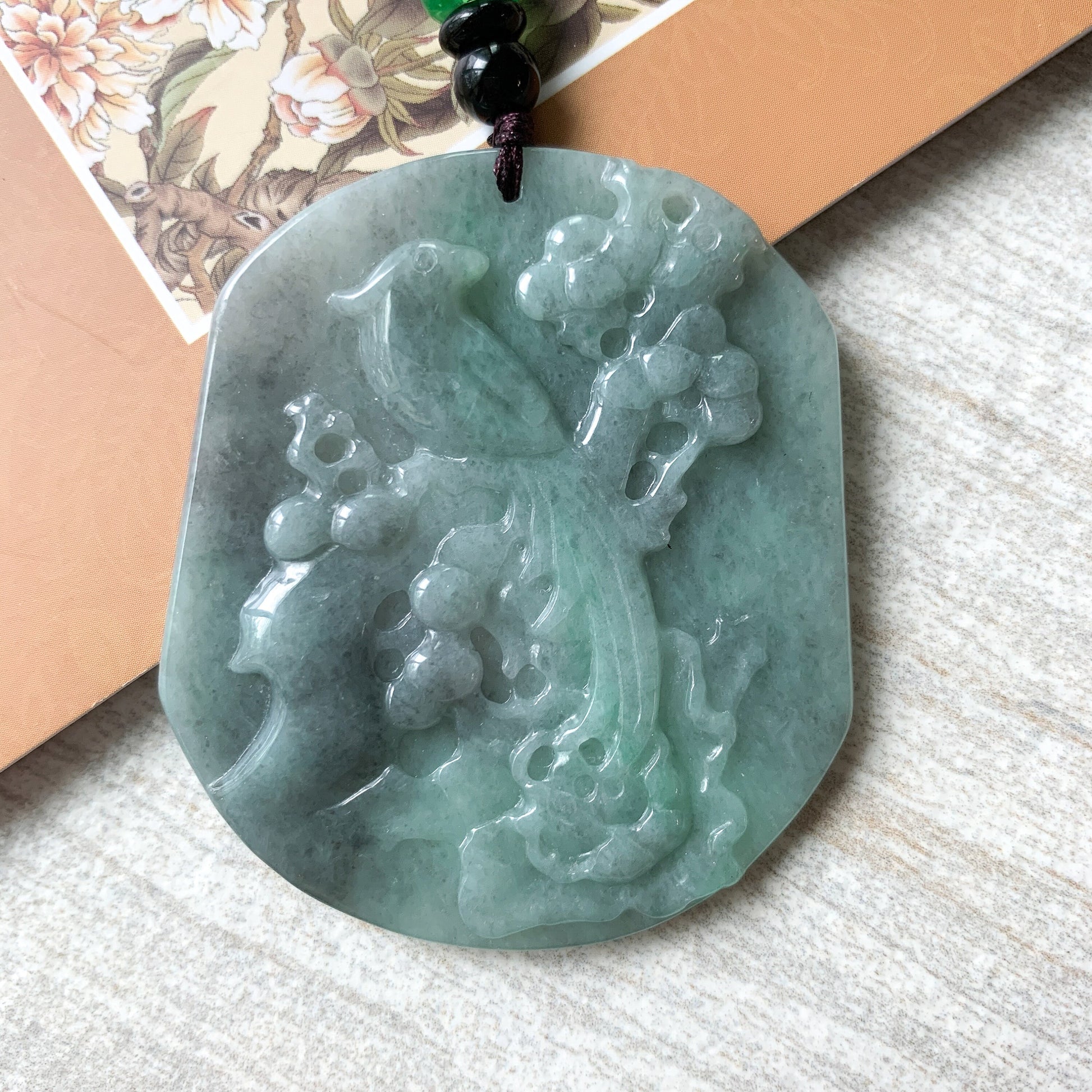 Jadeite Jade Magpie Bird Plum Flower Carved Pendant, Black Green Jade Necklace, YJ-0321-0420068 - AriaDesignCollection